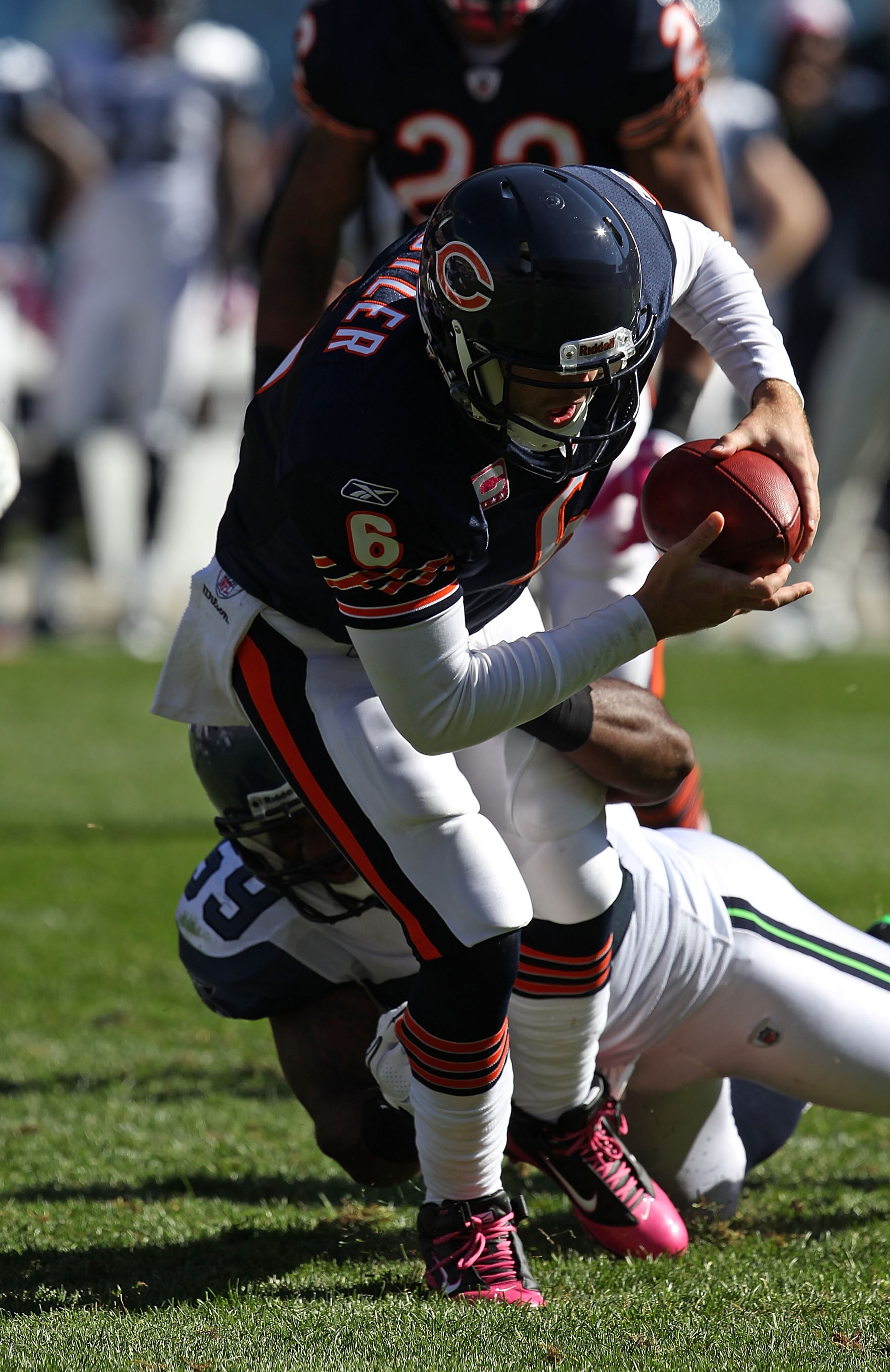 CHICAGO - OCTOBER 17: Jay Cutler #6 of the Chicago Bears is sacked by Aaron Curry #59 of the Seattle Seahawks at Soldier Field on October 17, 2010 in Chicago, Illinois. The Seahawks defeated the Bears 23-20. (Photo by Jonathan Daniel/Getty Images)
