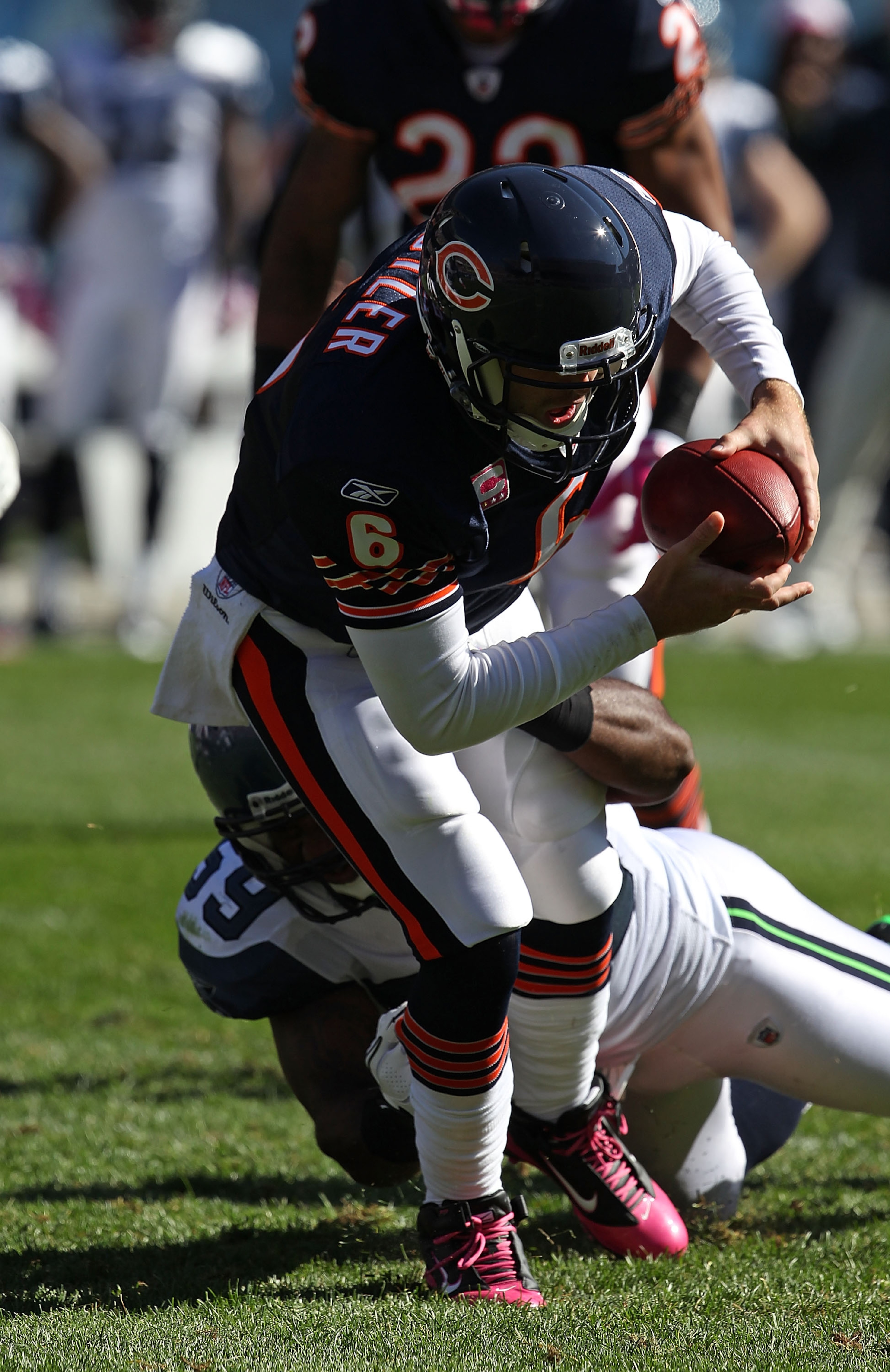 CHICAGO - OCTOBER 17: Jay Cutler #6 of the Chicago Bears is sacked by Aaron Curry #59 of the Seattle Seahawks at Soldier Field on October 17, 2010 in Chicago, Illinois. The Seahawks defeated the Bears 23-20. (Photo by Jonathan Daniel/Getty Images) CHICAGO - OCTOBER 17: Jay Cutler #6 of the Chicago Bears is sacked by Aaron Curry #59 of the Seattle Seahawks at Soldier Field on October 17, 2010 in Chicago, Illinois. The Seahawks defeated the Bears 23-20. (Photo by Jonathan Daniel/Getty Images)
