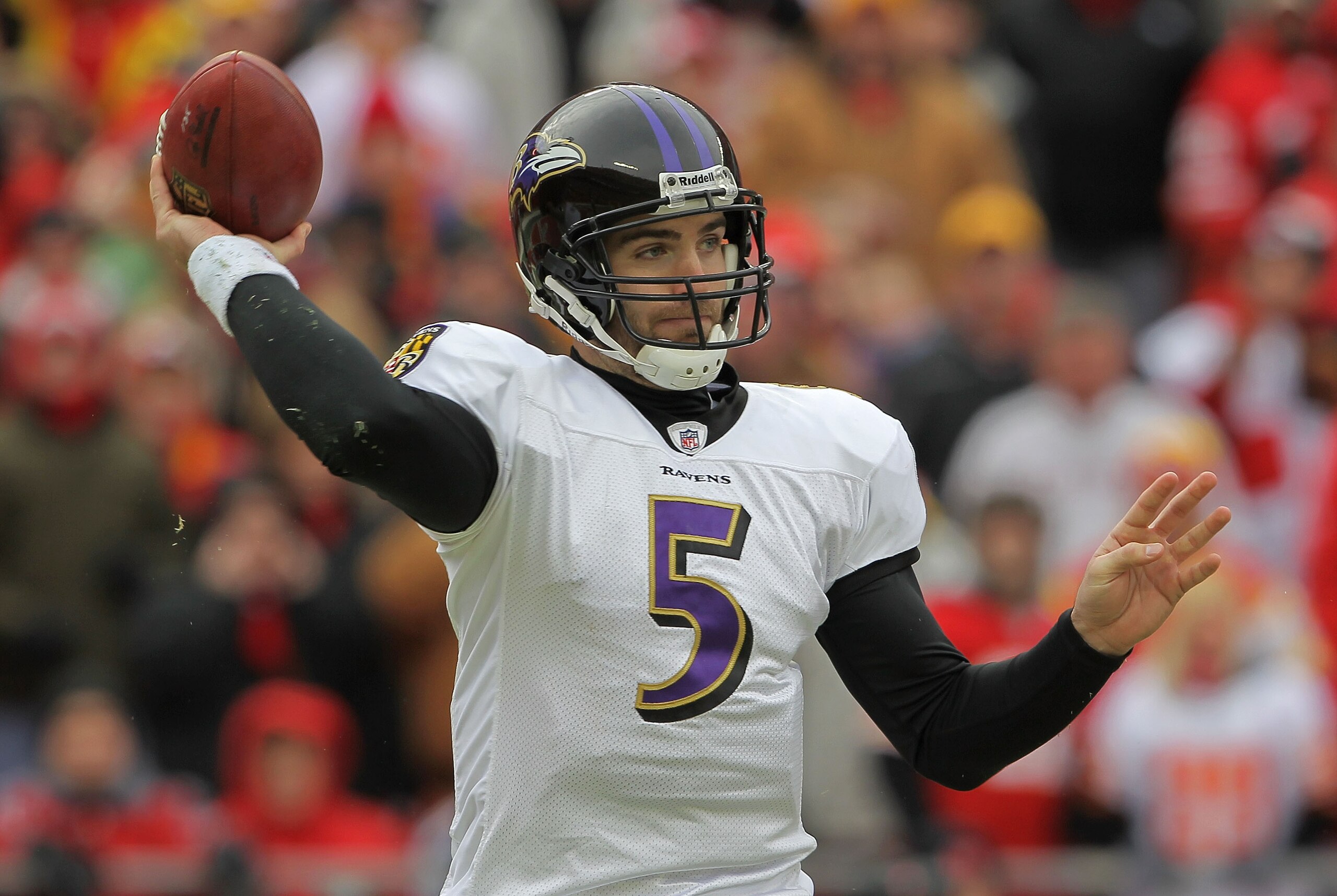 KANSAS CITY, MO - JANUARY 09: Quarterback Joe Flacco #5 of the Baltimore Ravens throws a pass against the Kansas City Chiefs in their 2011 AFC wild card playoff game at Arrowhead Stadium on January 9, 2011 in Kansas City, Missouri. (Photo by Doug Pensin KANSAS CITY, MO - JANUARY 09: Quarterback Joe Flacco #5 of the Baltimore Ravens throws a pass against the Kansas City Chiefs in their 2011 AFC wild card playoff game at Arrowhead Stadium on January 9, 2011 in Kansas City, Missouri. (Photo by Doug Pensin