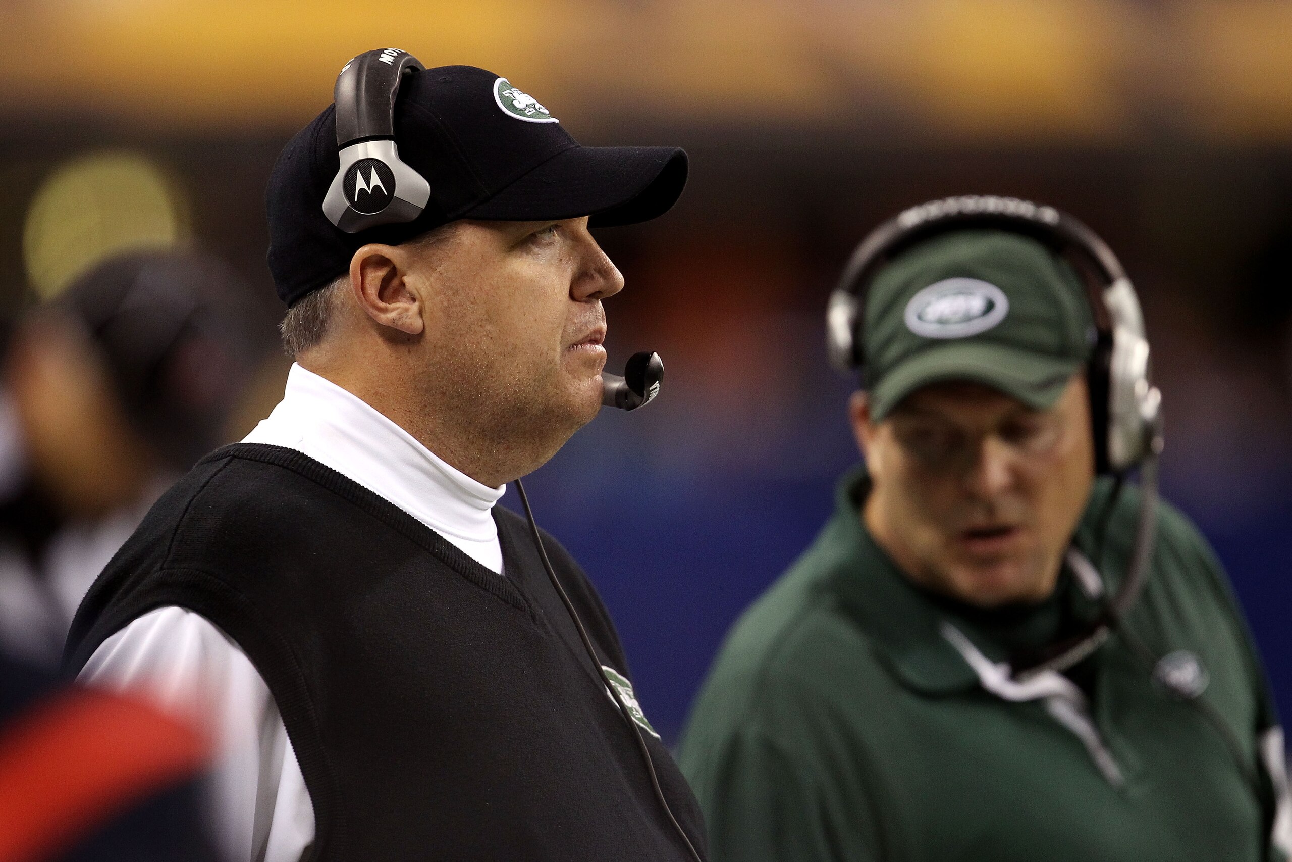 INDIANAPOLIS, IN - JANUARY 08:  Head coach Rex Ryan of the New York Jets looks on against the Indianapolis Colts during their 2011 AFC wild card playoff game at Lucas Oil Stadium on January 8, 2011 in Indianapolis, Indiana.  (Photo by Jonathan Daniel/Gett