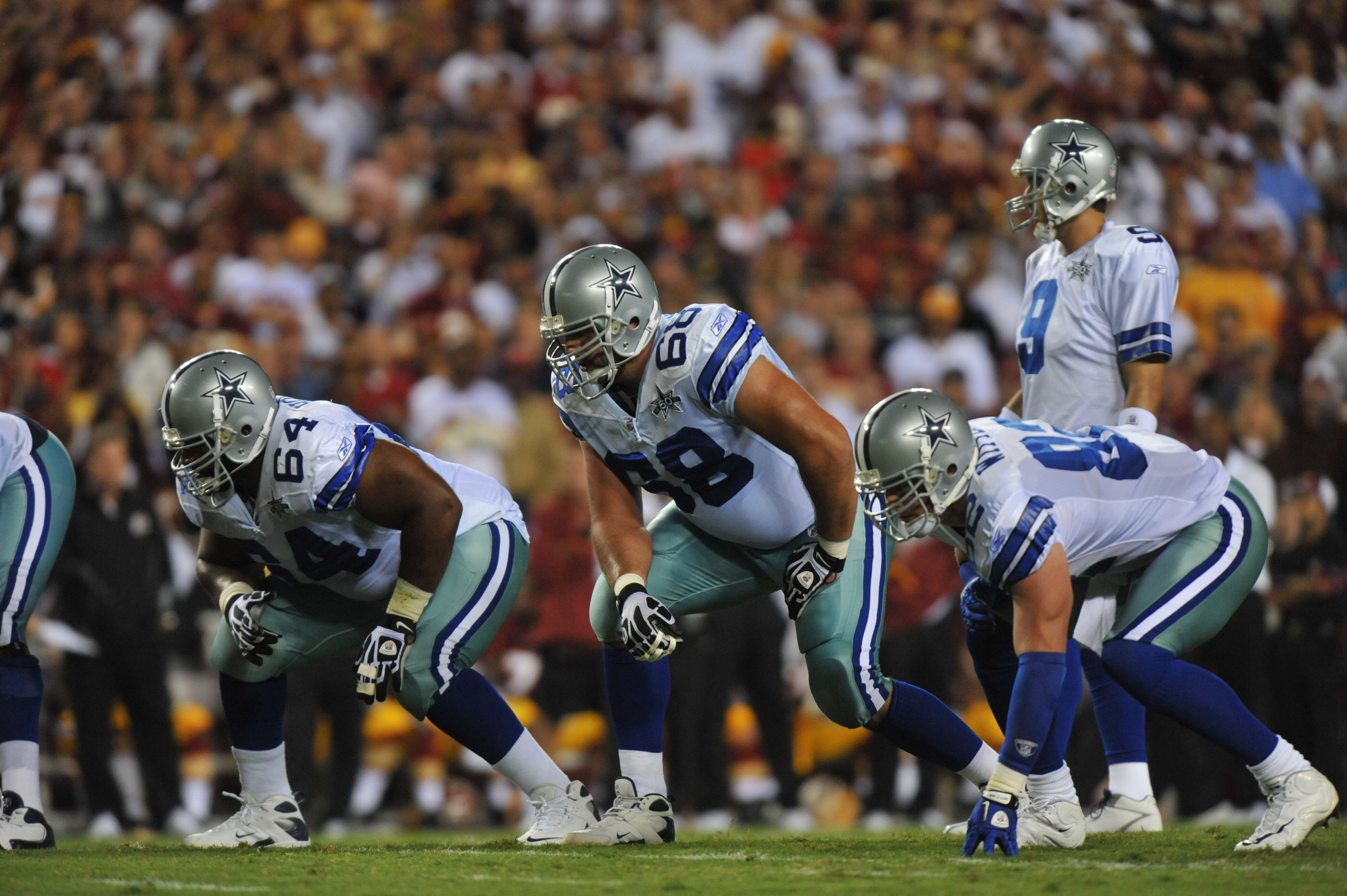 LANDOVER - SEPTEMBER 12:  Doug Free #68 of the Dallas Cowboys defends during the NFL season opener against the Washington Redskins at FedExField on September 12, 2010 in Landover, Maryland. The Redskins defeated the Cowboys 13-7. (Photo by Larry French/Ge