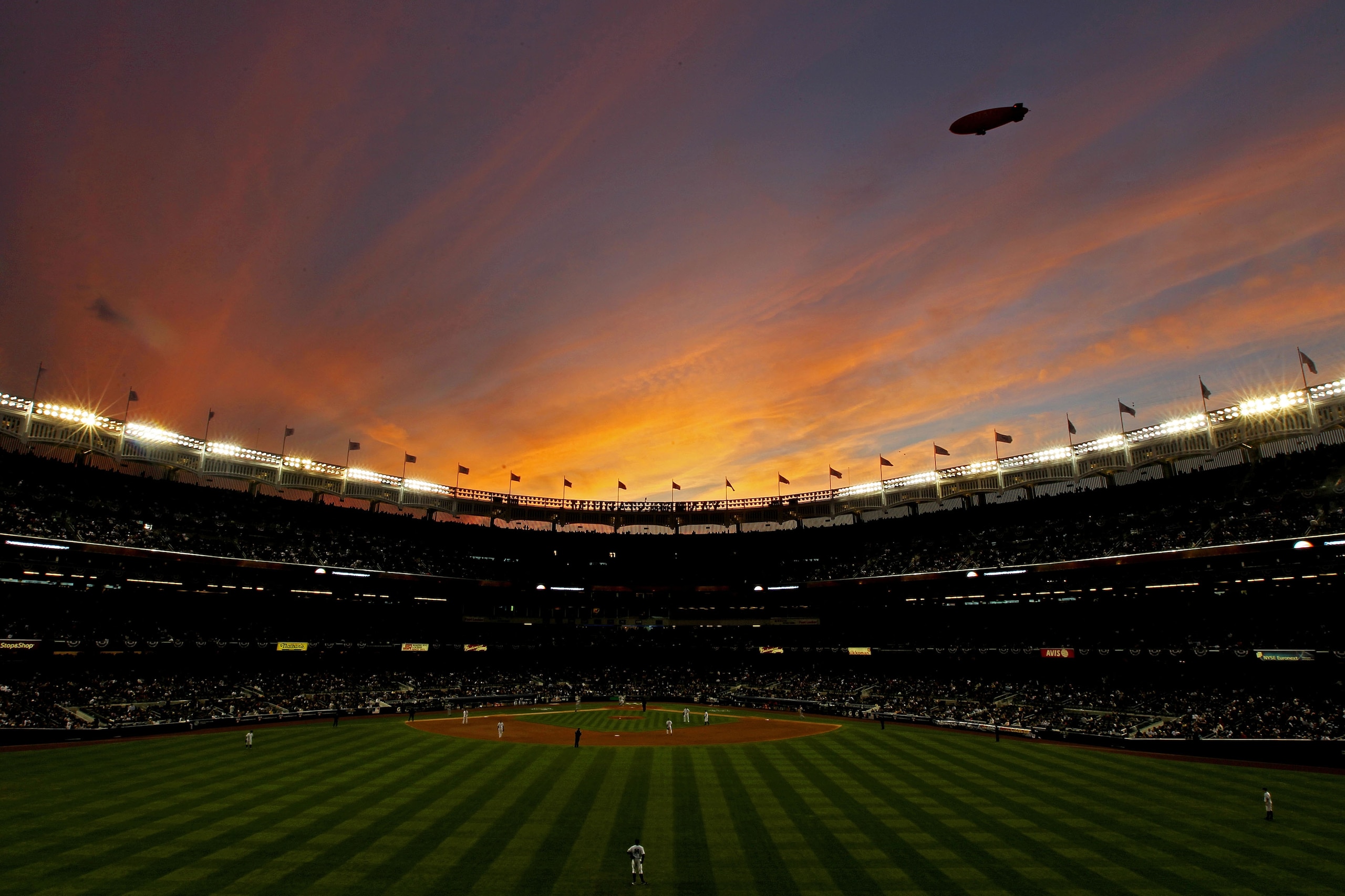 NEW YORK - OCTOBER 20: The Conan blimp flies over Yankee stadium as the New York Yankees play against the Texas Rangers in Game Five of the ALCS during the 2010 MLB Playoffs at Yankee Stadium on October 20, 2010 in the Bronx borough of New York City. (P NEW YORK - OCTOBER 20: The Conan blimp flies over Yankee stadium as the New York Yankees play against the Texas Rangers in Game Five of the ALCS during the 2010 MLB Playoffs at Yankee Stadium on October 20, 2010 in the Bronx borough of New York City. (P