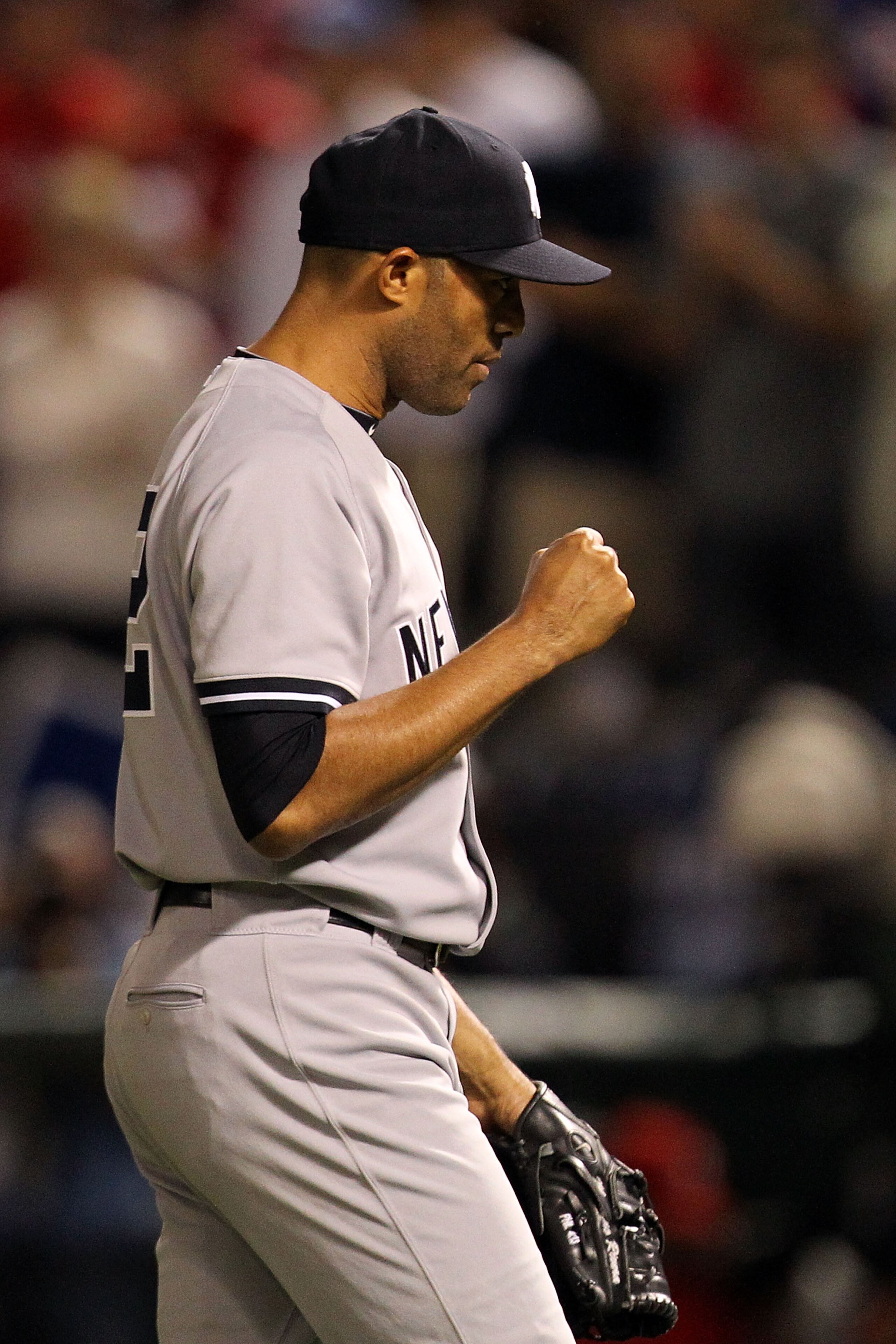 ARLINGTON, TX - OCTOBER 15: Mariano Rivera #42 of the New York Yankees reacts after the final out of the Yankees 6-5 win against the Texas Rangers in Game One of the ALCS during the 2010 MLB Playoffs at Rangers Ballpark in Arlington on October 15, 2010 i ARLINGTON, TX - OCTOBER 15: Mariano Rivera #42 of the New York Yankees reacts after the final out of the Yankees 6-5 win against the Texas Rangers in Game One of the ALCS during the 2010 MLB Playoffs at Rangers Ballpark in Arlington on October 15, 2010 i