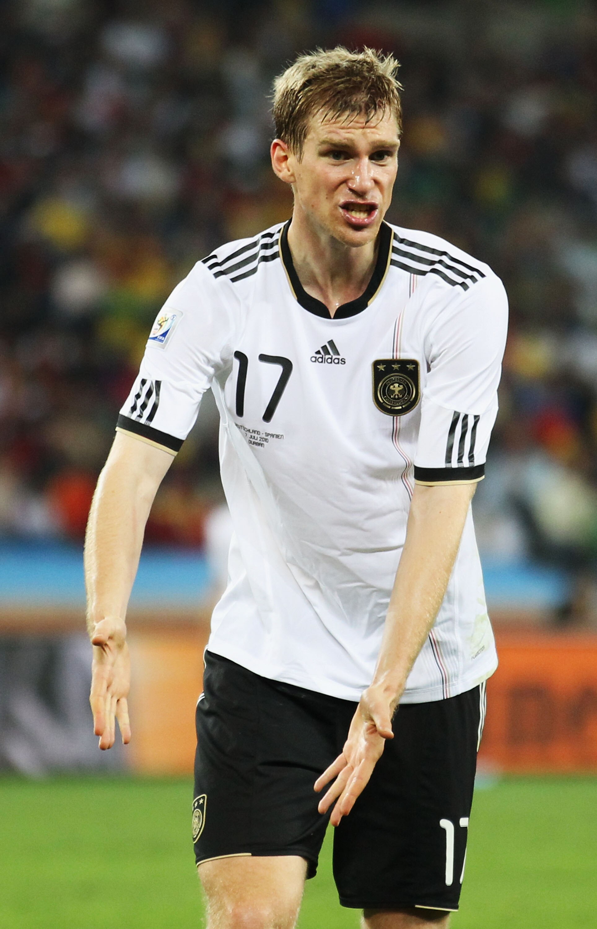 DURBAN, SOUTH AFRICA - JULY 07:  Per Mertesacker of Germany gestures during the 2010 FIFA World Cup South Africa Semi Final match between Germany and Spain at Durban Stadium on July 7, 2010 in Durban, South Africa.  (Photo by Joern Pollex/Getty Images)