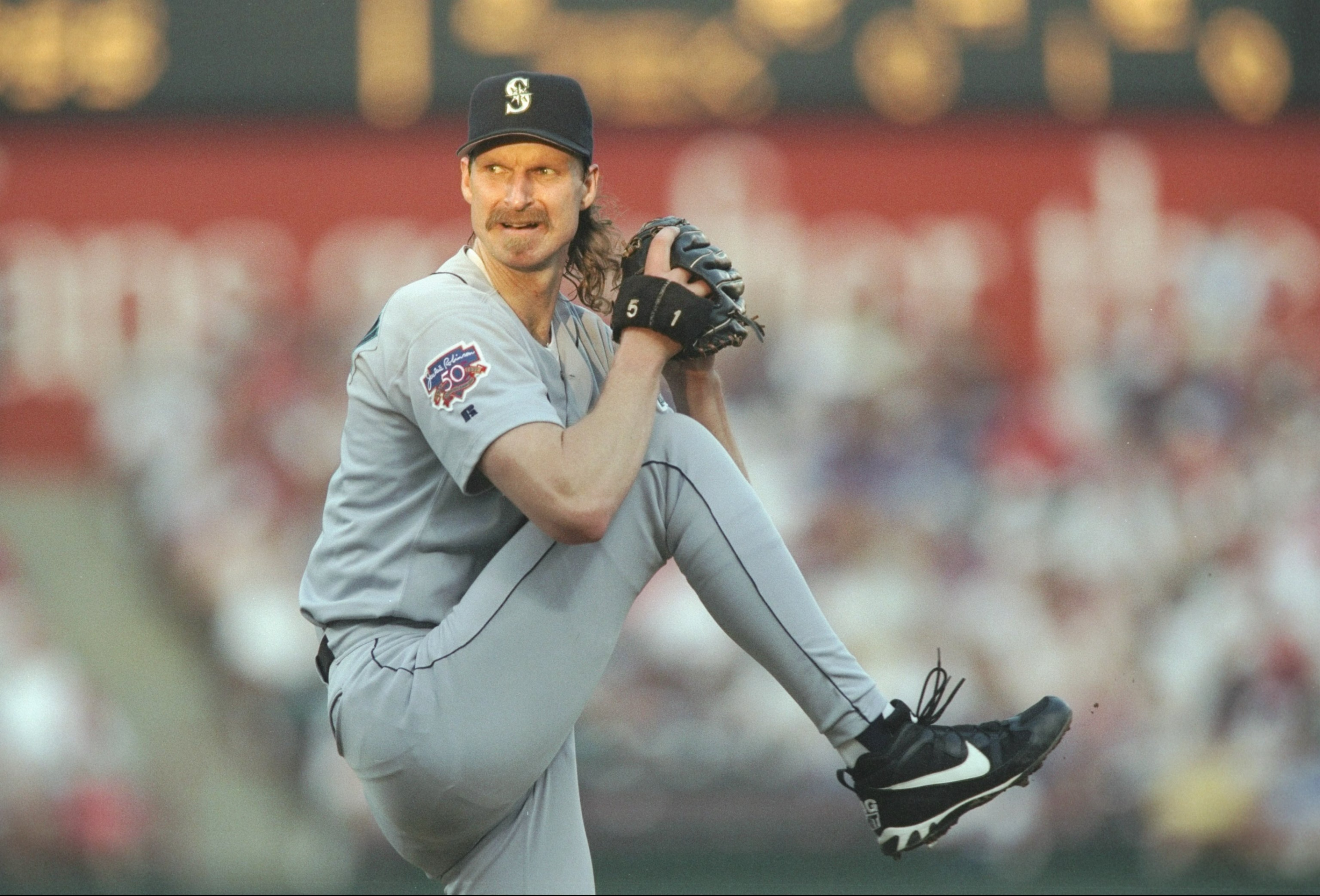 19 Jun 1997:  Pitcher Randy Johnson of the Seattle Mariners winds up to throw a pitch during the Mariners 2-1 win over the Texas Rangers at the Ball Park in Arlington in Arlington, Texas. Mandatory Credit: Stephen Dunn  /Allsport