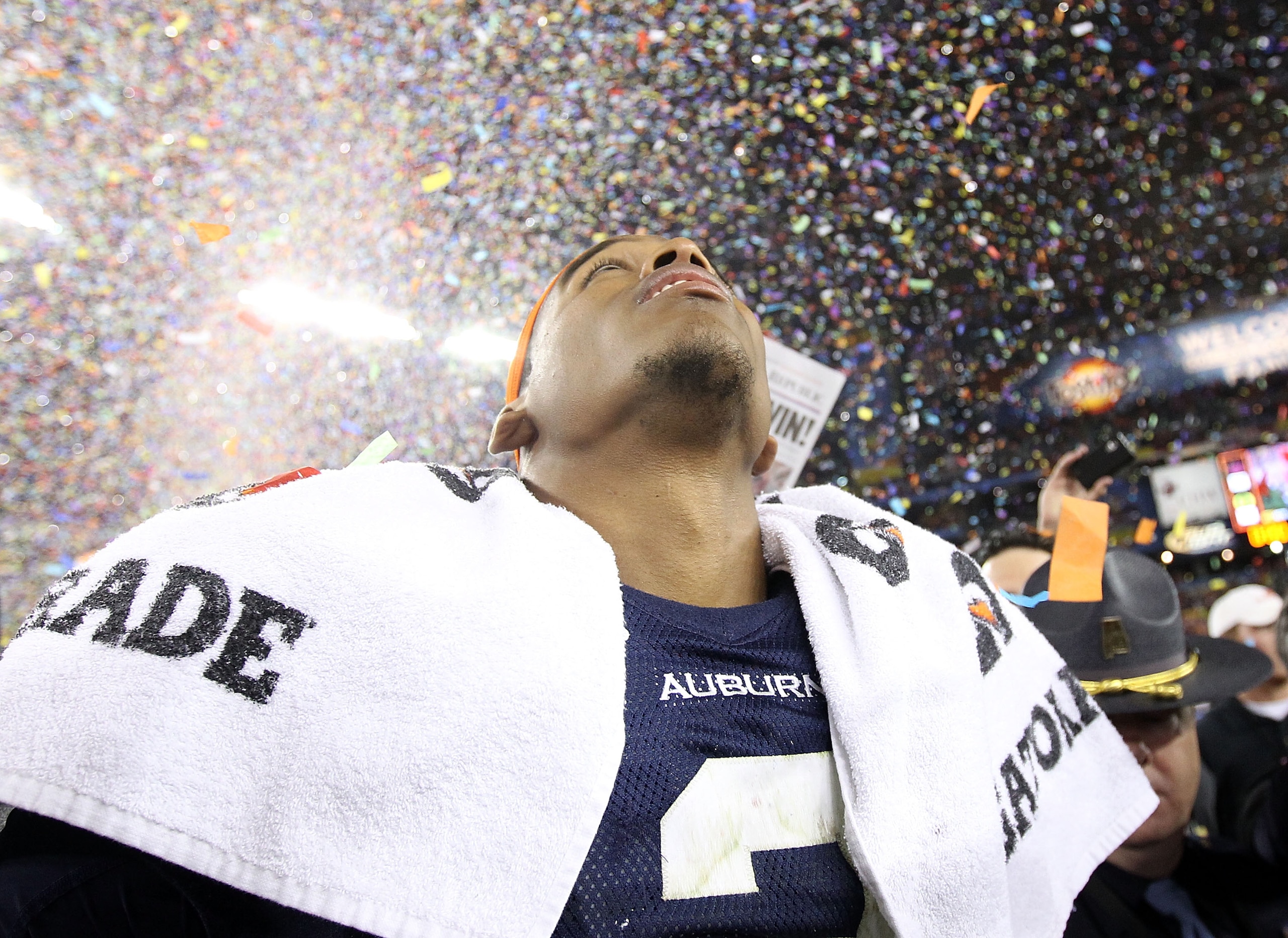 GLENDALE, AZ - JANUARY 10:  Quarterback Cameron Newton #2 of the Auburn Tigers celebrates the Tigers 22-19 victory against the Oregon Ducks in the Tostitos BCS National Championship Game at University of Phoenix Stadium on January 10, 2011 in Glendale, Ar