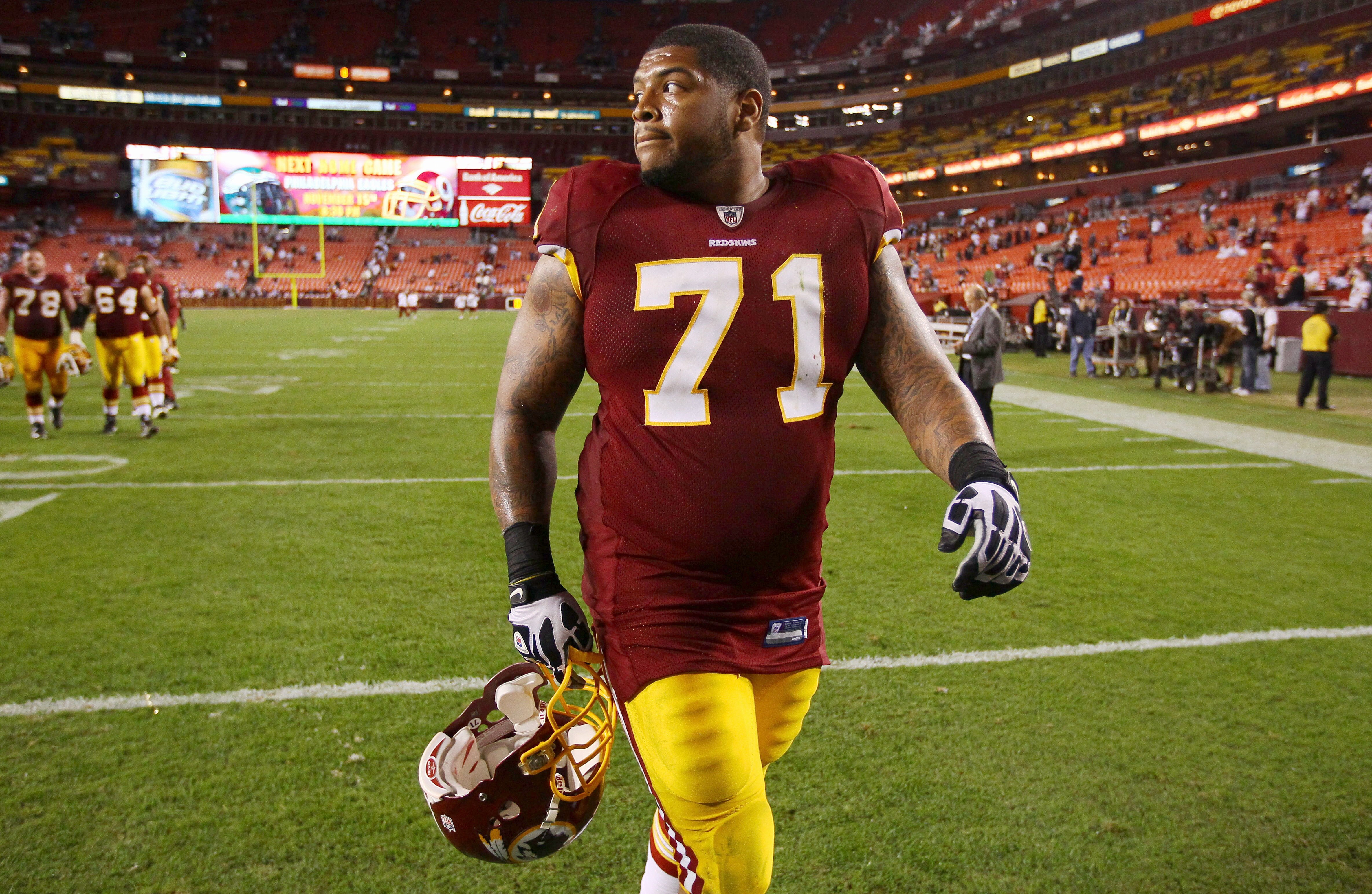 LANDOVER, MD - OCTOBER 17:  Washington Redskins first 2010 first round draft pick Trent Williams #71 walks off the field after a defeat against the Indianapolis Colts at FedEx Field on October 17, 2010 in Landover, Maryland. The Colts won the game 27-24. 