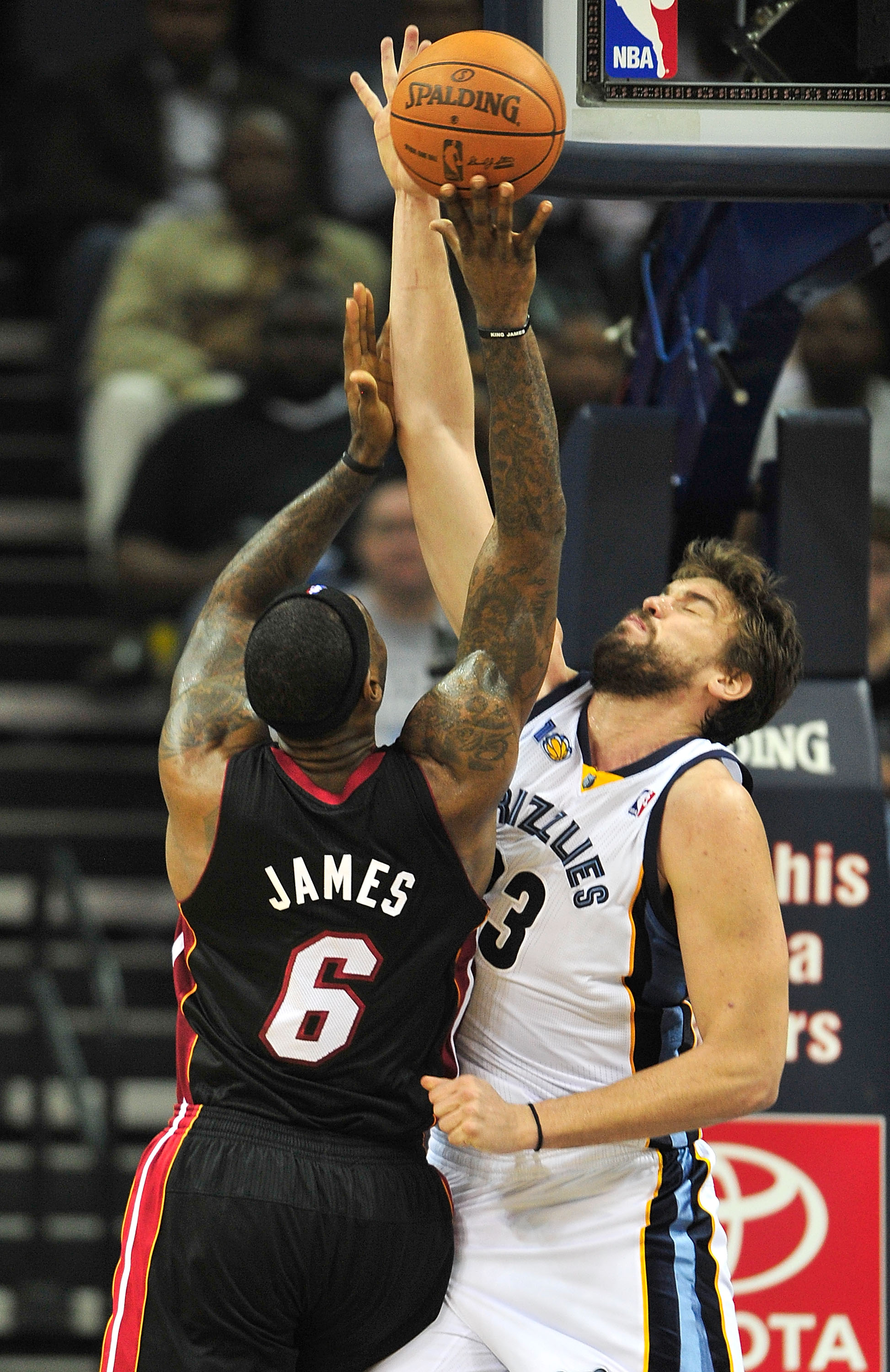 MEMPHIS, TN - NOVEMBER 20:  LeBron James #6 of the Miami Heat shoots under pressure from Marc Gasol #33 of the Memphis Grizzlies at FedExForum on November 20, 2010 in Memphis, Tennessee. The Grizzlies won 97-95.  NOTE TO USER: User expressly acknowledges