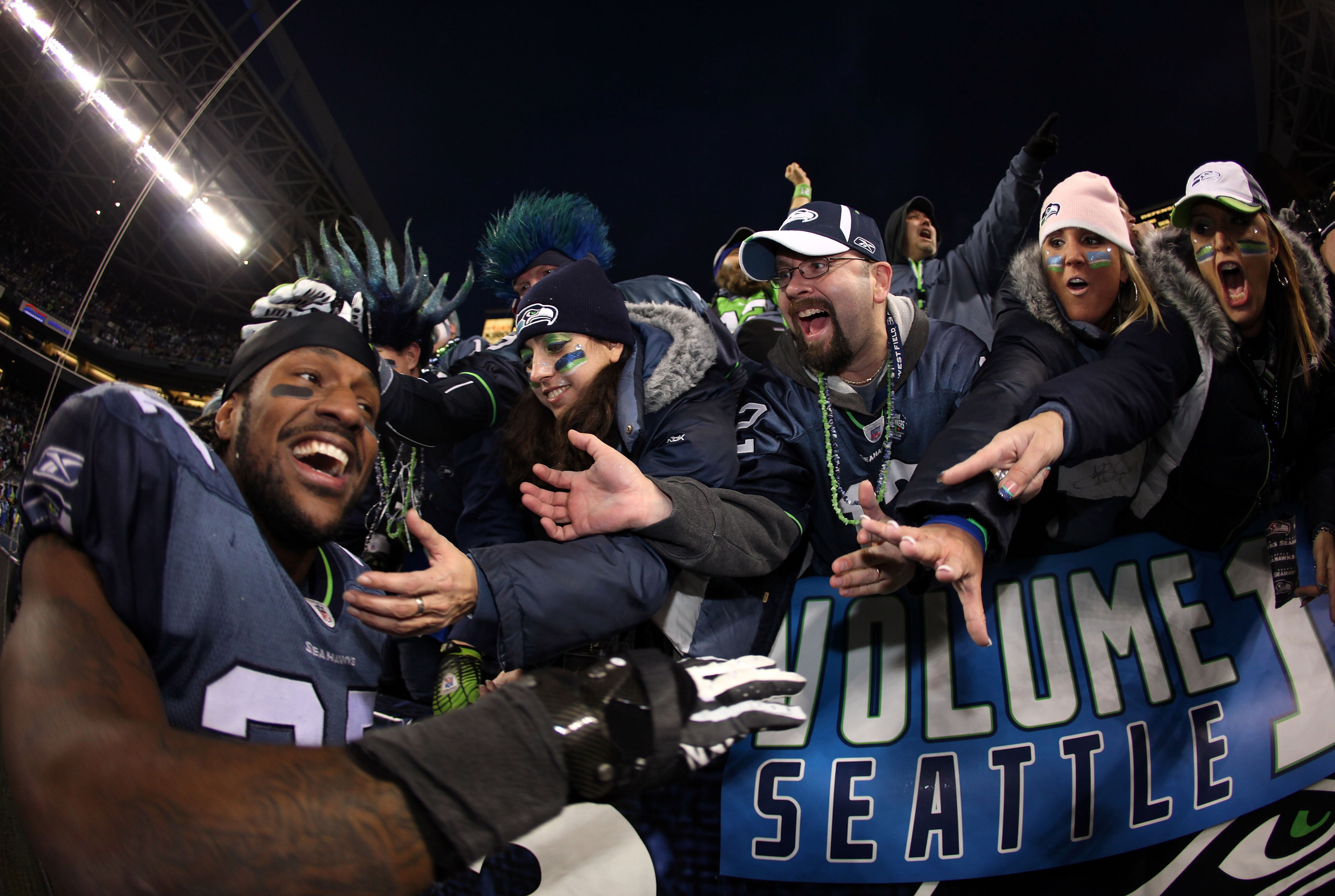 SEATTLE, WA - JANUARY 08:  Jordan Babineaux #27 of the Seattle Seahawks celebrates the Seahawks 41-36 victory against the New Orleans Saints during the 2011 NFC wild-card playoff game at Qwest Field on January 8, 2011 in Seattle, Washington.  (Photo by Ot