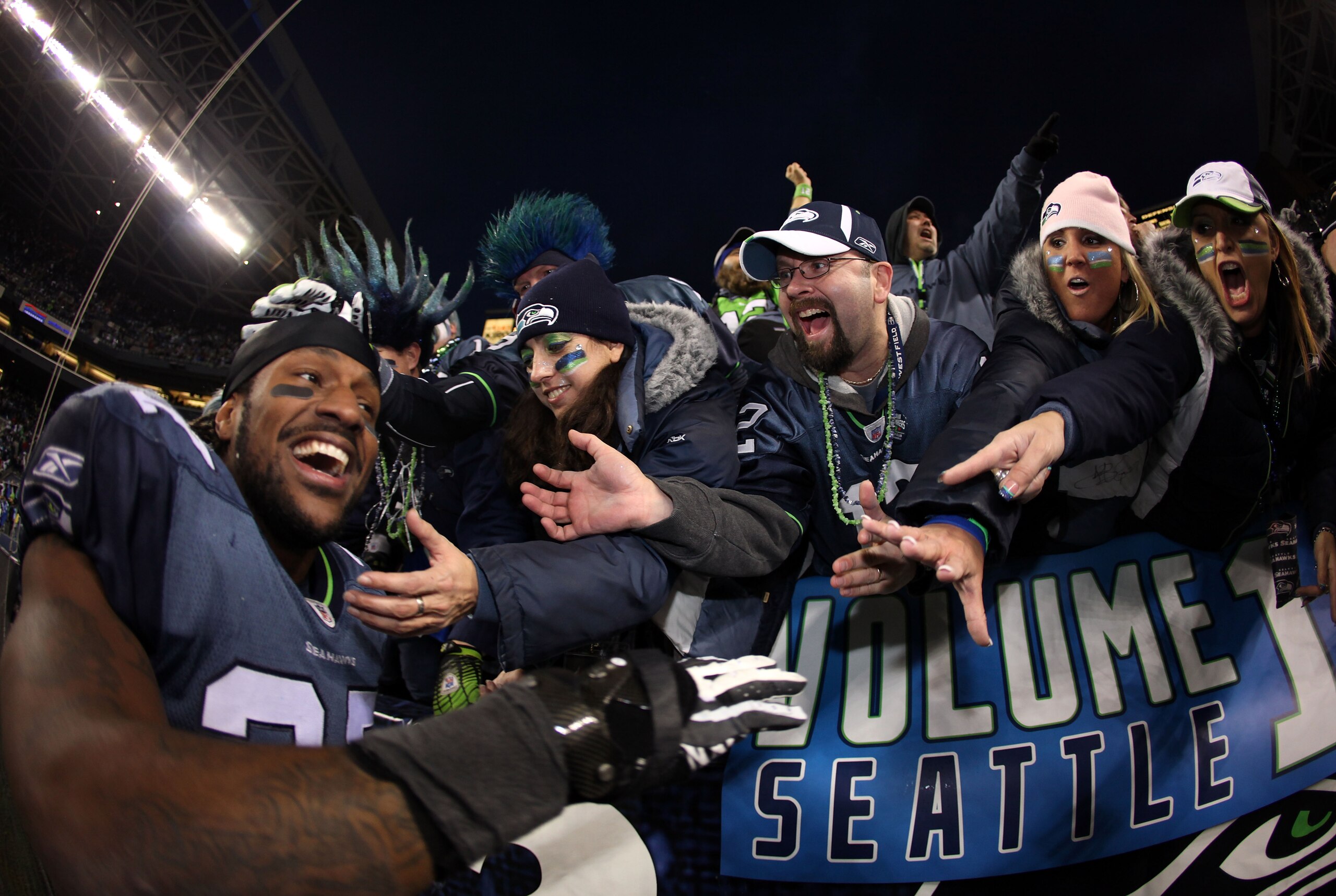 SEATTLE, WA - JANUARY 08:  Jordan Babineaux #27 of the Seattle Seahawks celebrates the Seahawks 41-36 victory against the New Orleans Saints during the 2011 NFC wild-card playoff game at Qwest Field on January 8, 2011 in Seattle, Washington.  (Photo by Ot