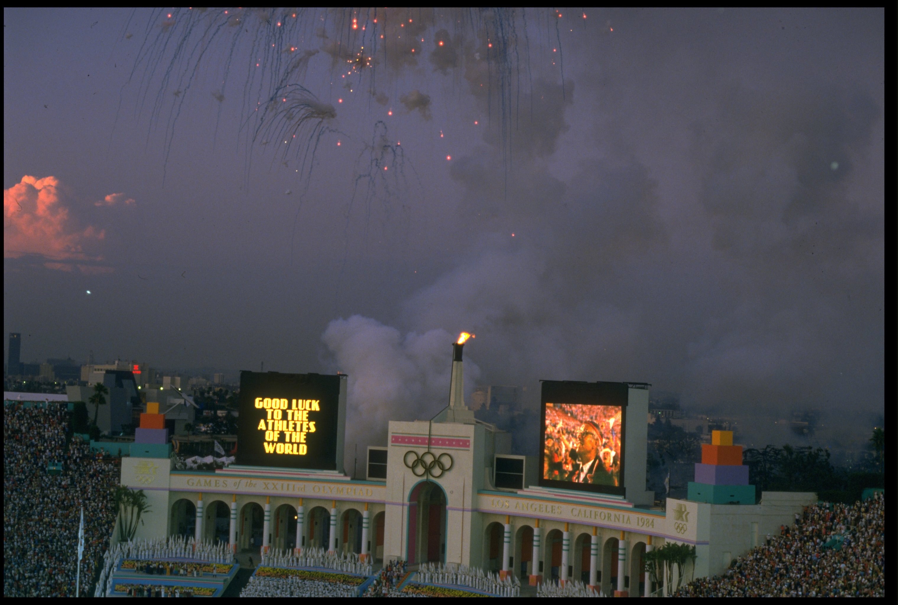 12 AUG 1984:  FIREWORKS EXPLODE ABOVE THE OLYMPIC STADIUM DURING THE CLOSING CEREMONY FOR THE 1984 LOS ANGELES OLYMPICS.