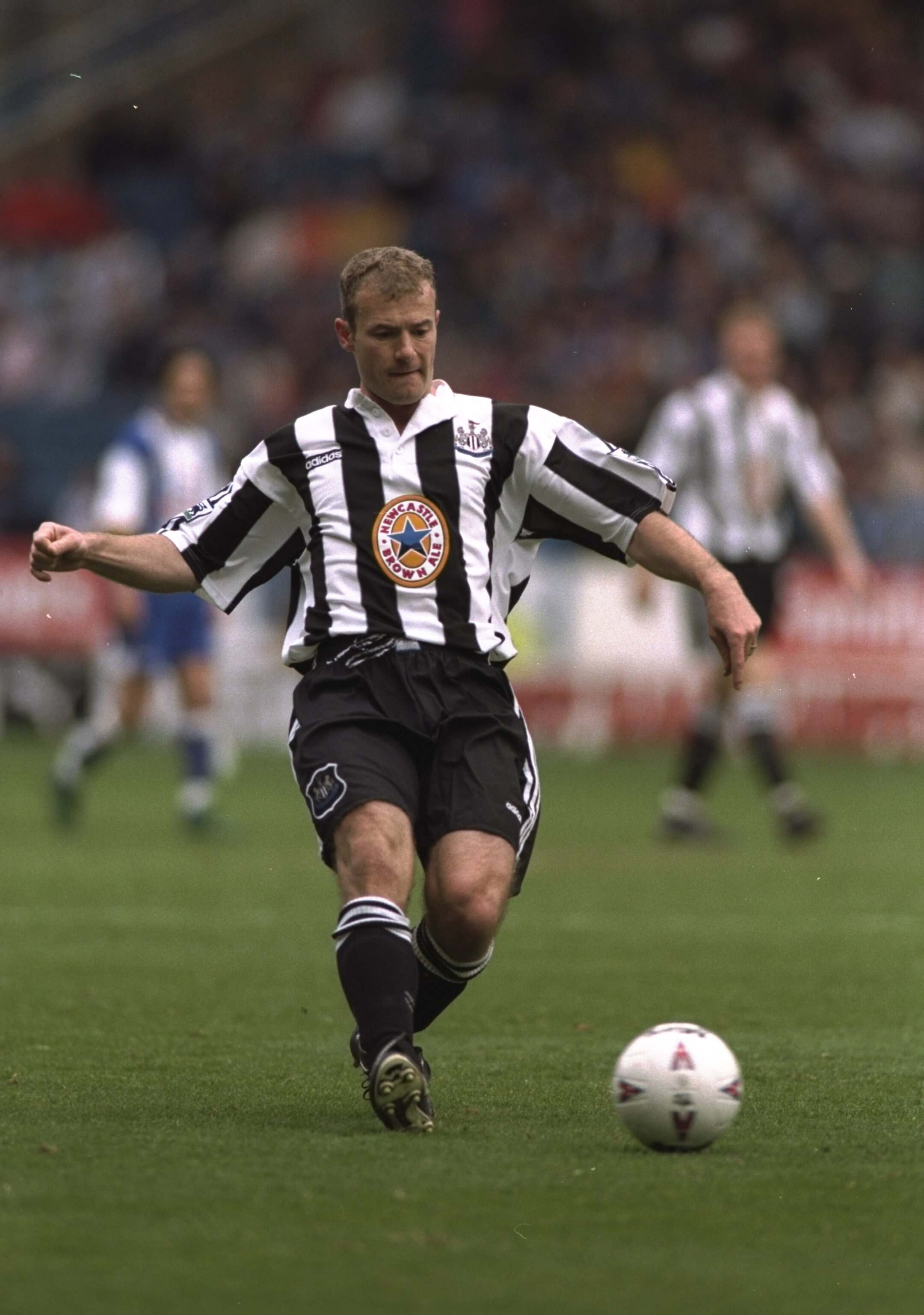13 Apr 1997:  Alan Shearer of Newcastle United in action during the Premier League match against Sheffield Wednesday at Hillsborough in Sheffield, England. The game was drawn 1-1. \ Mandatory Credit: Stu Forster /Allsport