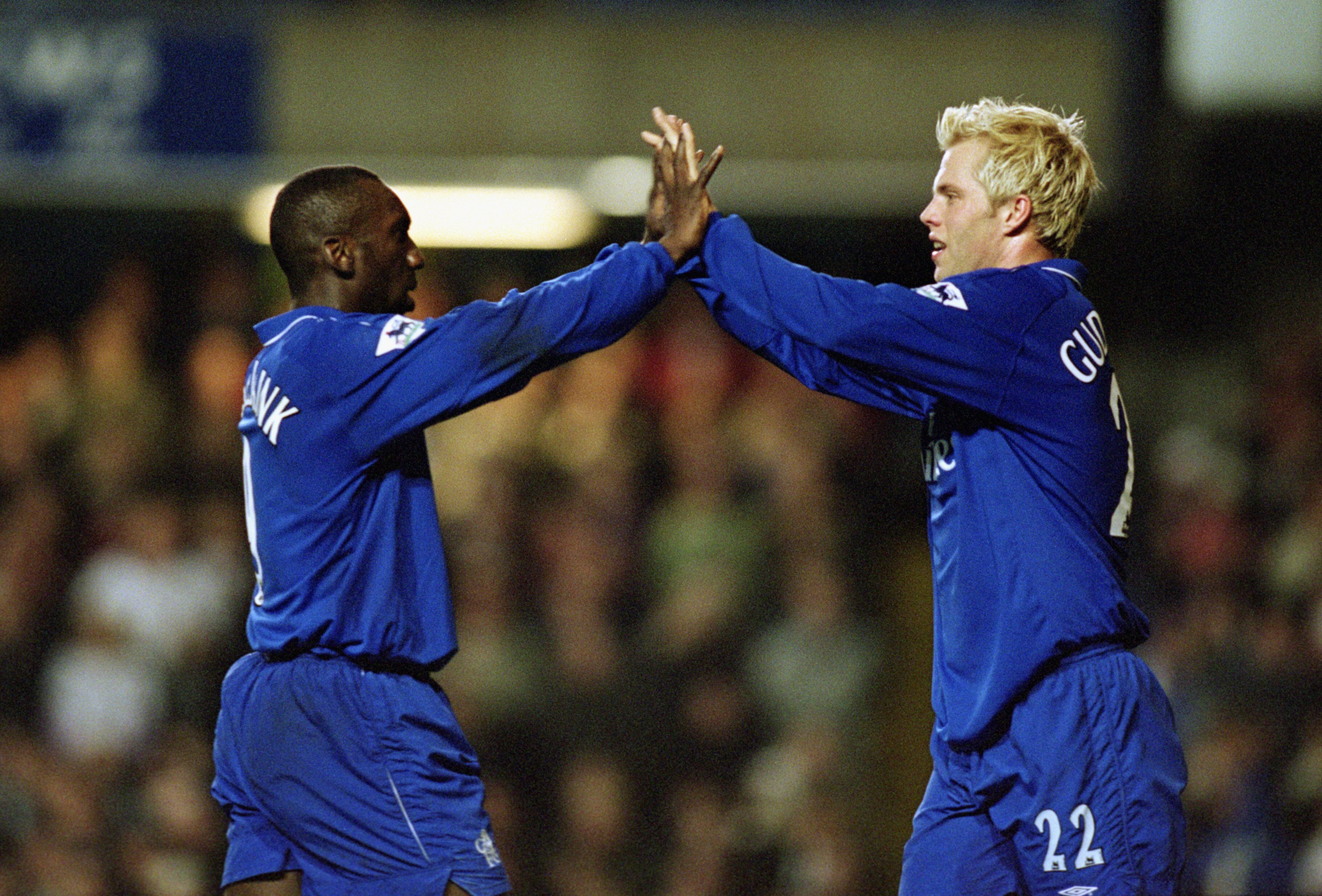 LONDON - MARCH 6:  Eidur Gudjohnsen of Chelsea celebrates his goal with team-mate Jimmy Floyd Hasselbaink during the FA Barclaycard Premiership match between Chelsea and Fulham held on March 6, 2002 at Stamford Bridge, in London. Chelsea won the match 3-2