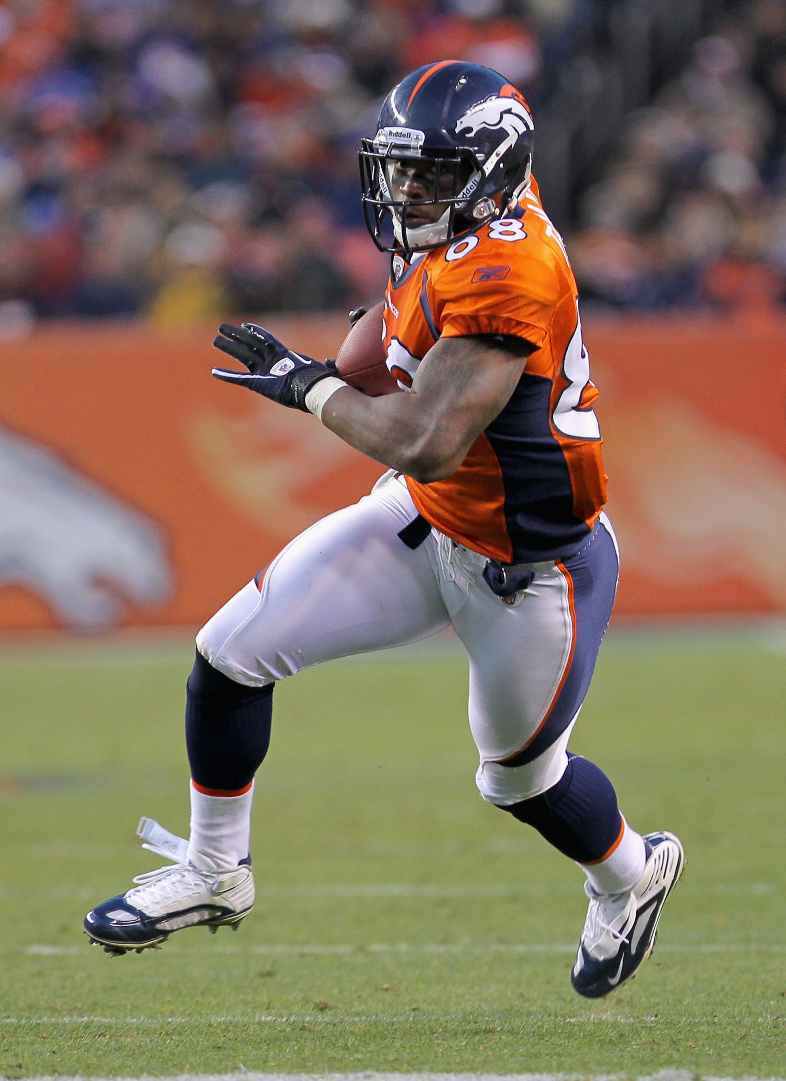 DENVER - NOVEMBER 14:  Wide receiver Demaryius Thomas #88 of the Denver Broncos makes a pass reception against the Kansas City Chiefs at INVESCO Field at Mile High on November 14, 2010 in Denver, Colorado. The Broncos defeated the Chiefs 49-29.  (Photo by