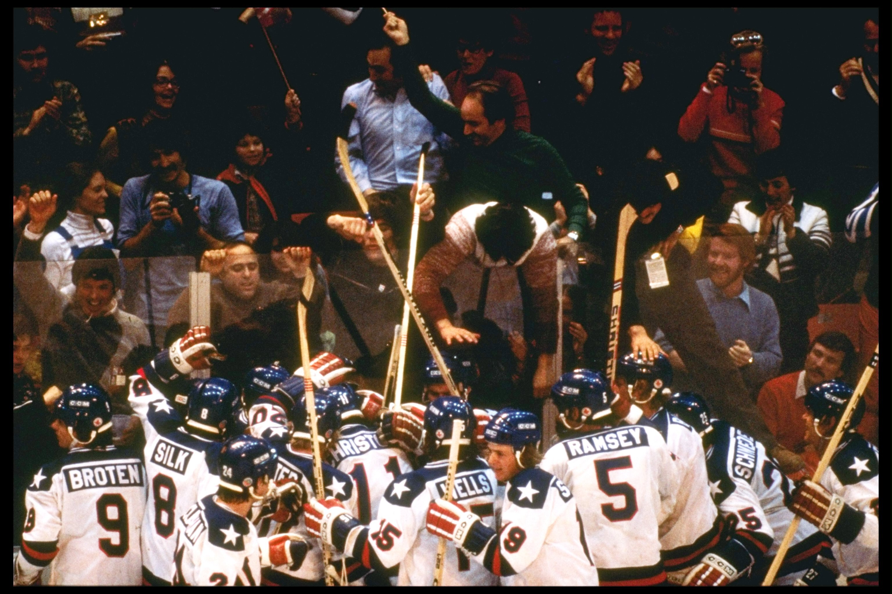 22 Feb 1980:  The USA Team celebrates their 4-3 victory over Russia in the semi-final of the Ice Hockey competition of the 1980 Winter Olympic Games in Lake Placid, USA.  The game was dubbed 'The Miracle on Ice', and the USA went on to win the gold medal