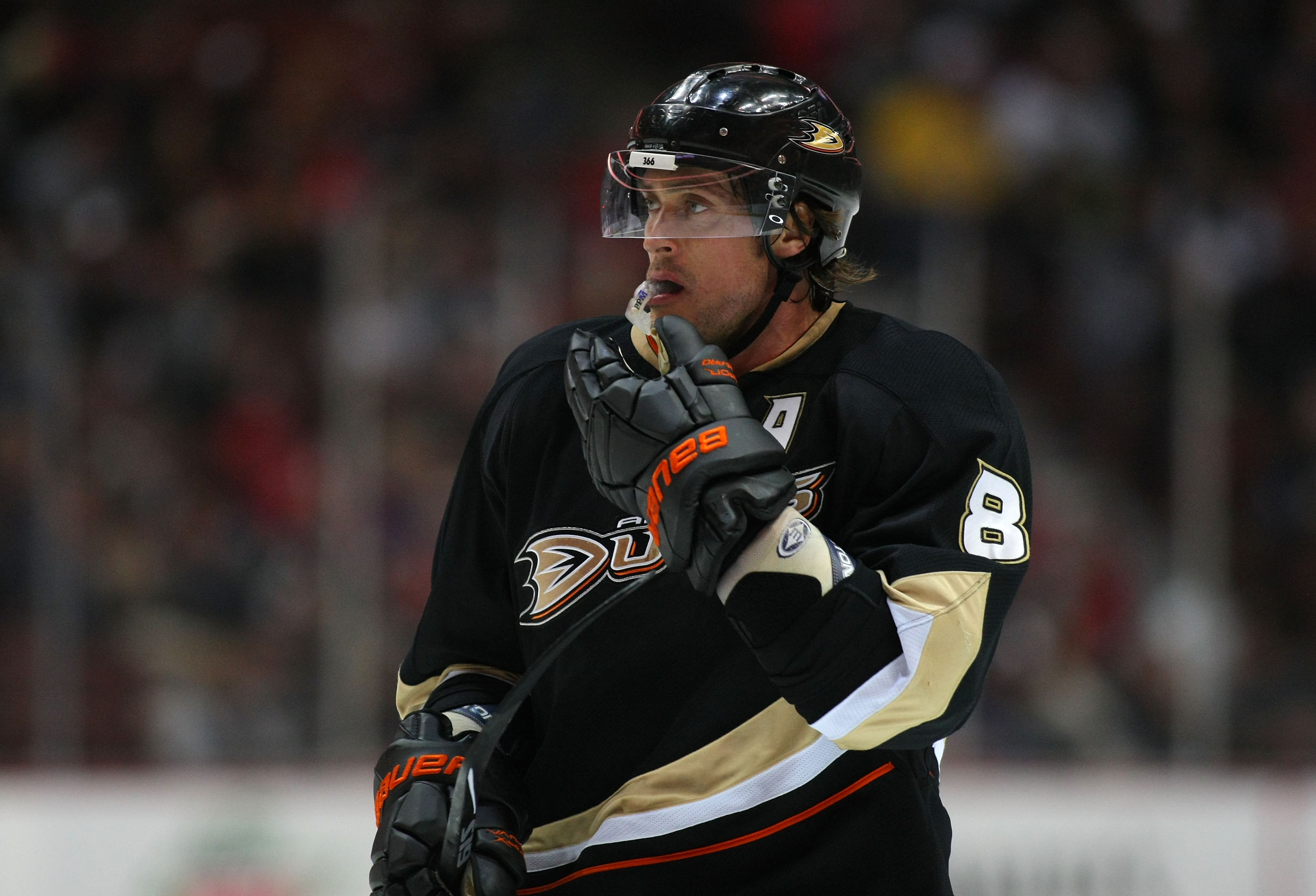 ANAHEIM, CA - JANUARY 02:  Teemu Selanne #8 of the Anaheim Ducks looks on during a break in NHL game action against the Chicago Blackhawks at Honda Center on January 2, 2011 in Anaheim, California. The Ducks defeated the Blackhawks 2-1.  (Photo by Victor