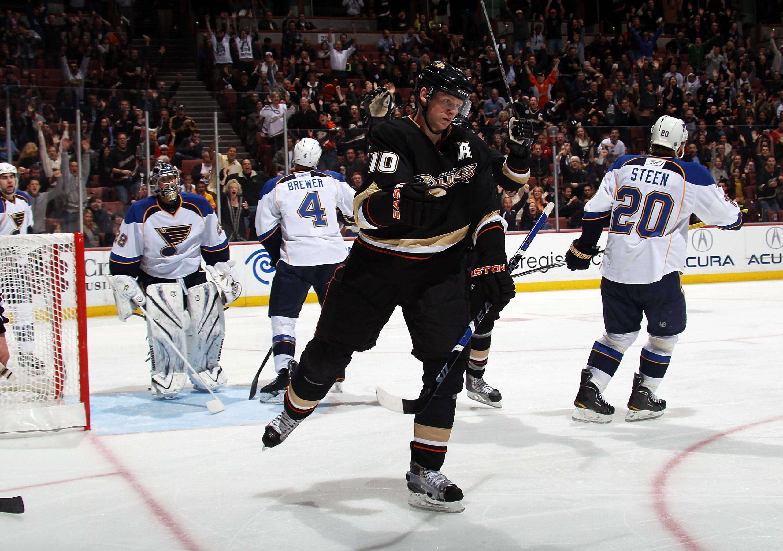 ANAHEIM, CA - JANUARY 12: Corey Perry #10 of the Anaheim Ducks scores at 6:17 of the third period against the St. Louis Blues at the Honda Center on January 12, 2011 in Anaheim, California. The Ducks defeated the Blues 7-4. (Photo by Bruce Bennett/Getty I