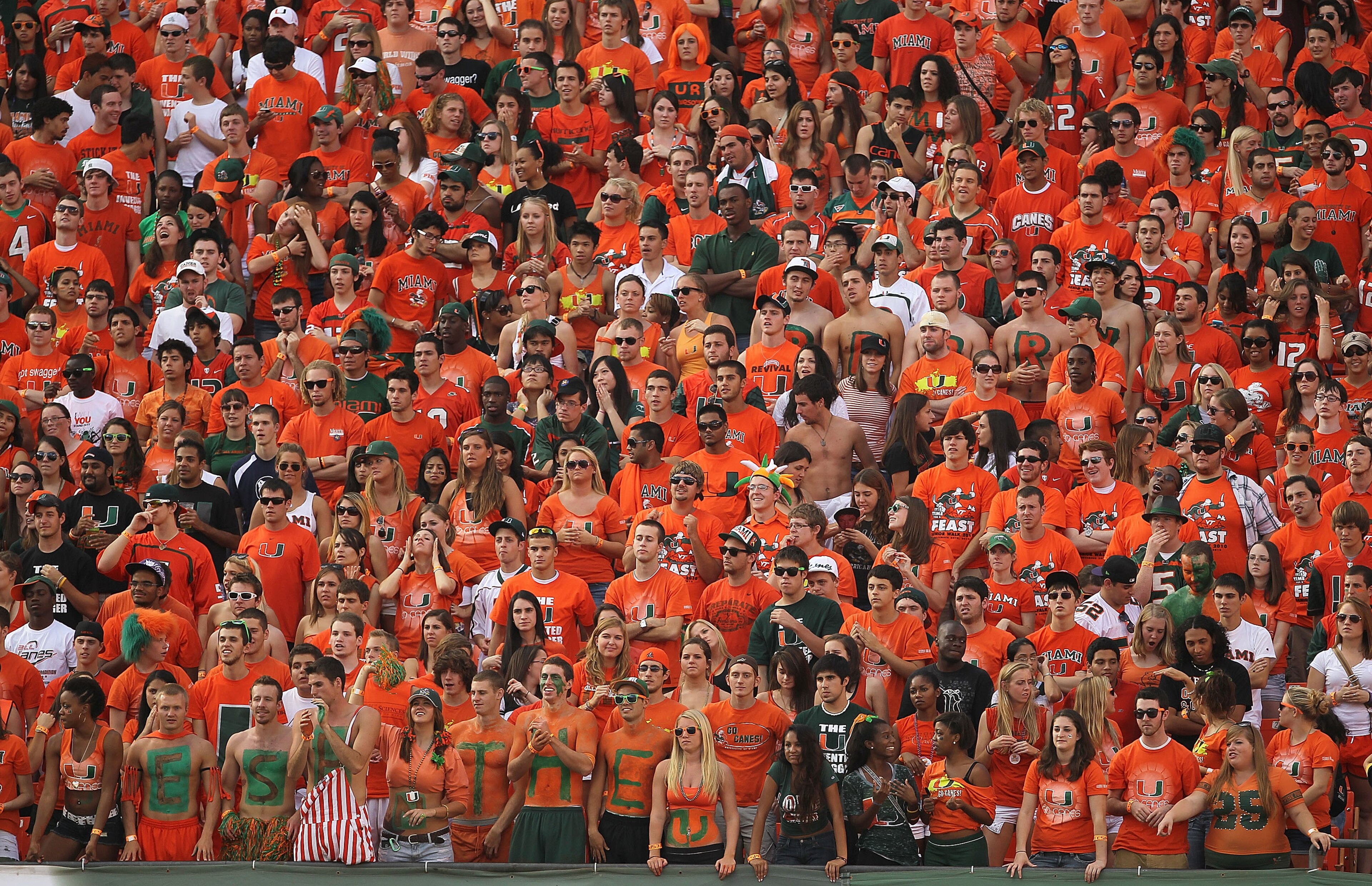 MIAMI - NOVEMBER 20:  The Miami Hurricanes student section cheers during a game against the Virginia Tech Hokies at Sun Life Stadium on November 20, 2010 in Miami, Florida.  (Photo by Mike Ehrmann/Getty Images)