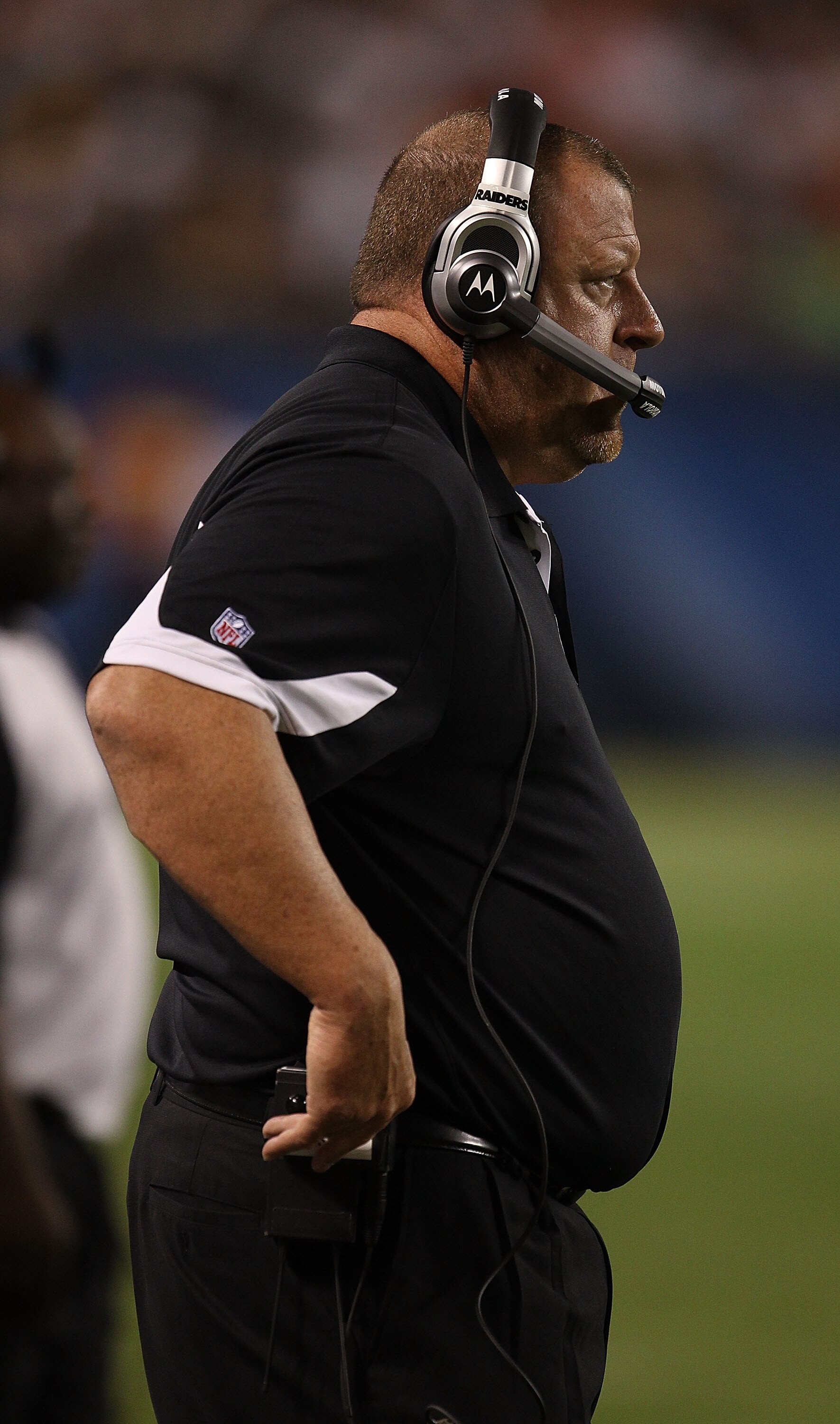 CHICAGO - AUGUST 21: Head coach Tom Cable of the Oakland Raiders watches as his team takes on the Chicago Bears during a preseason game at Soldier Field on August 21, 2010 in Chicago, Illinois. The Raiders defeated the Bears 32-17. (Photo by Jonathan Dani