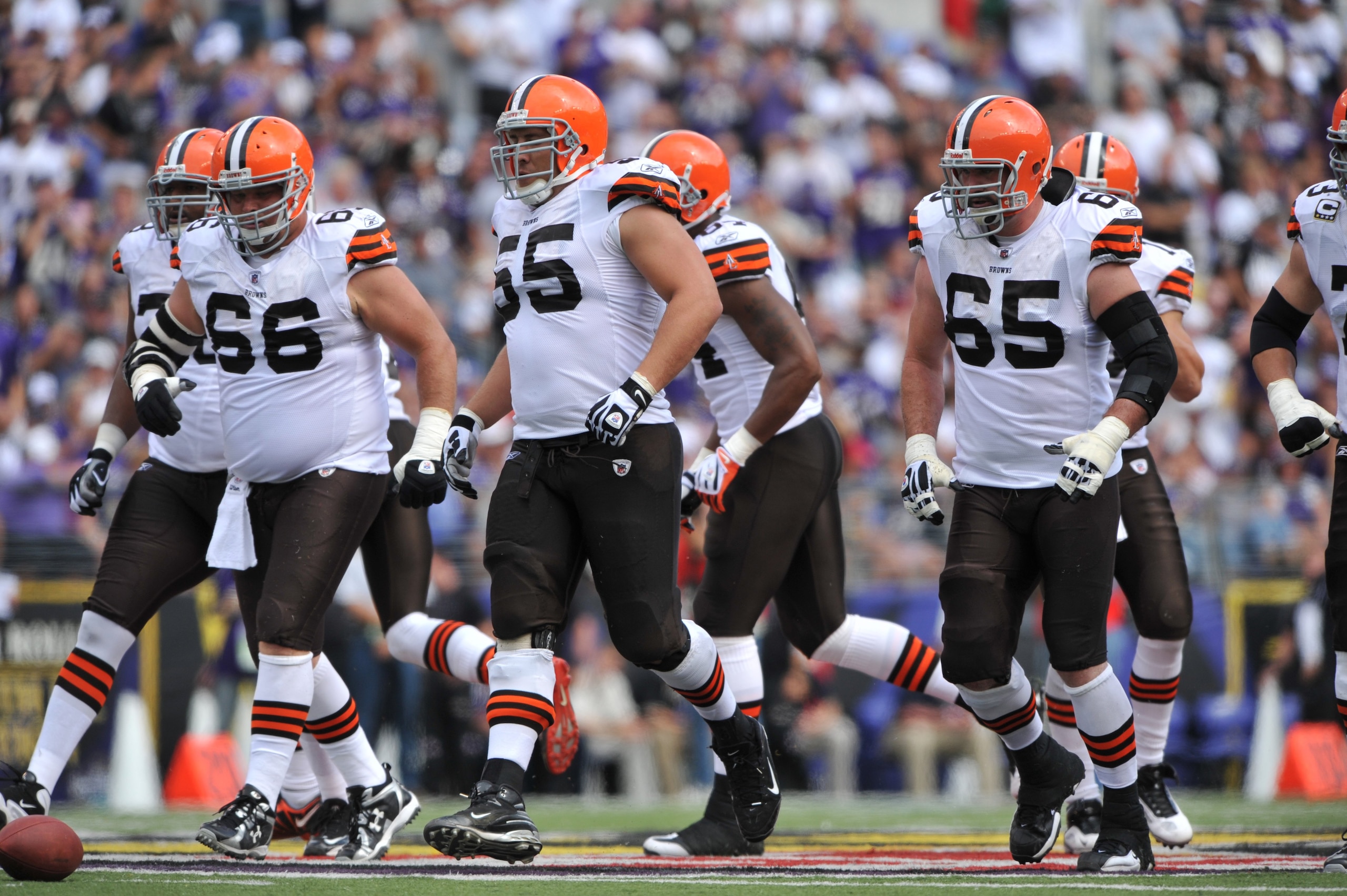 BALTIMORE - SEPTEMBER 27:  Hank Fraley #66 of the Cleveland Browns jogs up to the line of scrimmage during the game against the Baltimore Ravens at M&T Bank Stadium on September 27, 2009 in Baltimore, Maryland. The Ravens defeated the Browns 34-3. (Photo