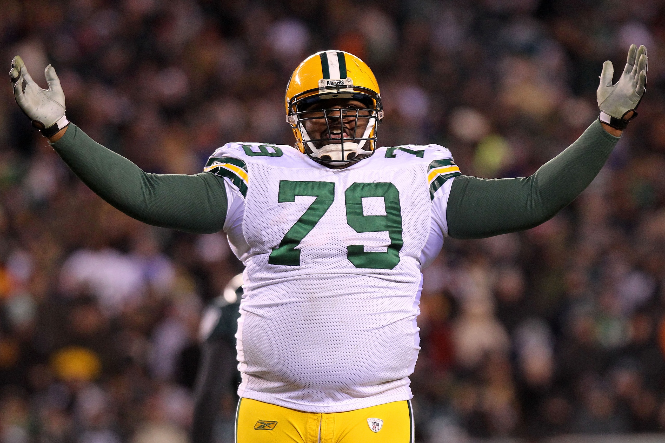 PHILADELPHIA, PA - JANUARY 09:  Ryan Pickett #79 of the Green Bay Packers reacts in their game against the Philadelphia Eagles during the 2011 NFC wild card playoff game at Lincoln Financial Field on January 9, 2011 in Philadelphia, Pennsylvania.  (Photo 