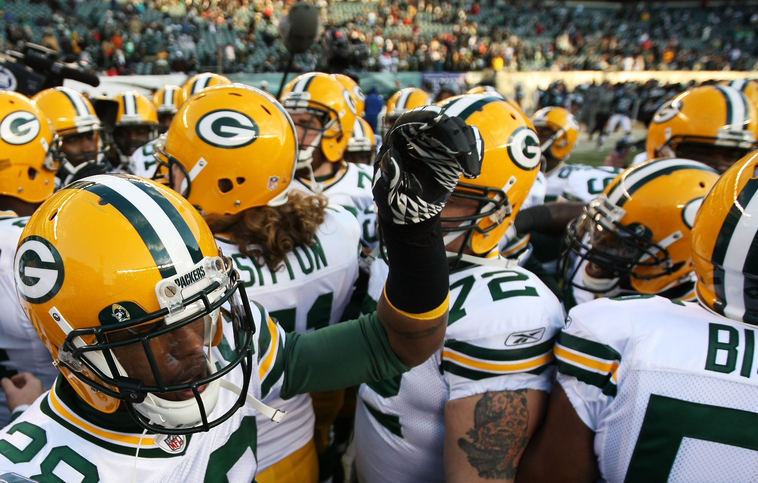 PHILADELPHIA, PA - JANUARY 09:  Brandon Underwood #28 of the Green Bay Packers and his teammates take the field before playing against the Philadelphia Eagles in the 2011 NFC wild card playoff game at Lincoln Financial Field on January 9, 2011 in Philadel