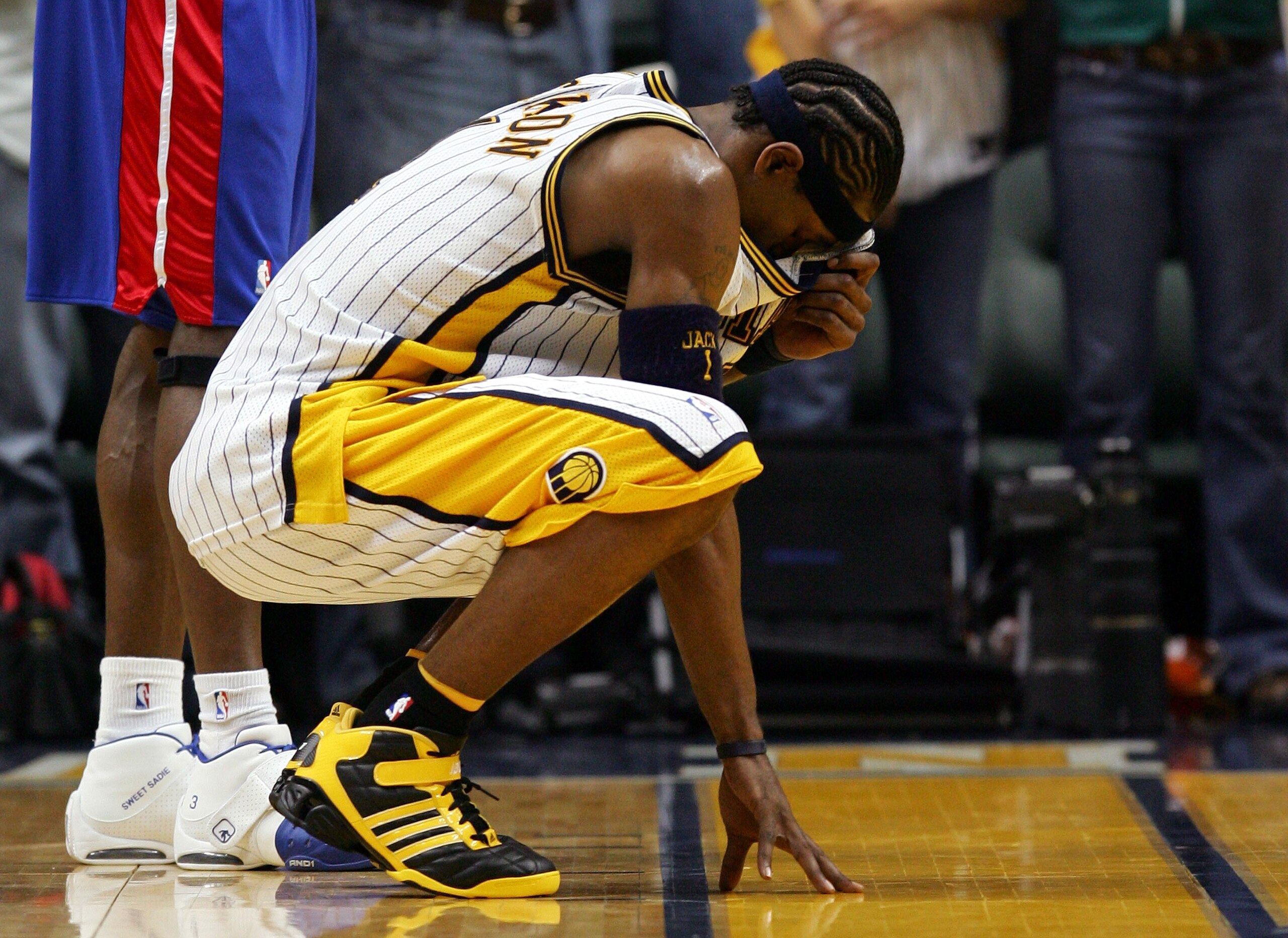 INDIANAPOLIS - MAY 19:  Stephen Jackson #1 of the Indiana Pacers reacts as they lose to the Detroit Pistons in Game six of the Eastern Conference Semifinals during the 2005 NBA Playoffs on May 19, 2005 at Conseco Fieldhouse in Indianapolis,  Indiana. The 