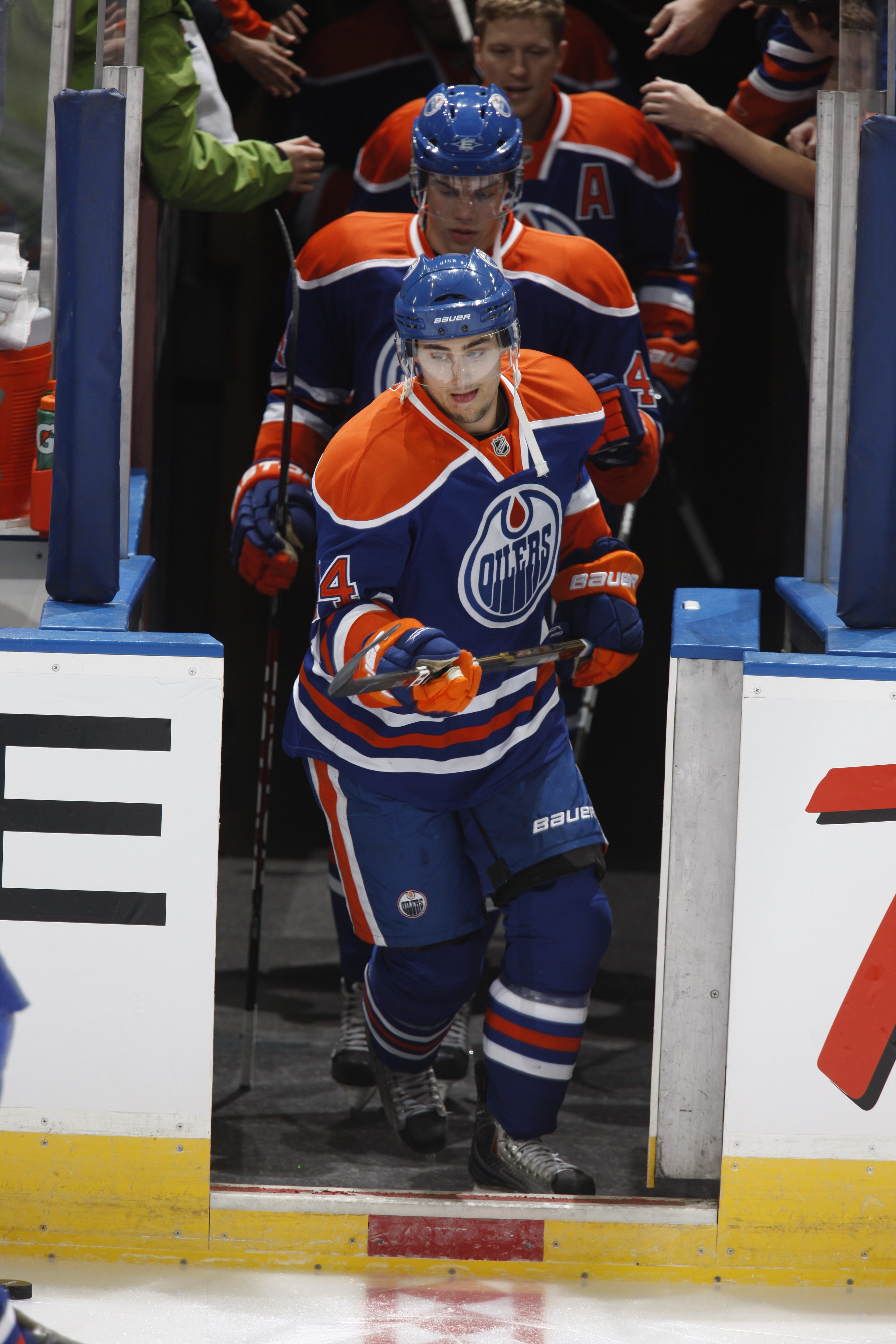 EDMONTON, CANADA - NOVEMBER 17: Jordan Eberle #14 of the Edmonton Oilers steps onto the ice during the game against the Chicago Black Hawks on November 17, 2010 at Rexall Place in Edmonton, Alberta, Canada. (Photo by Dale MacMillan/Getty Images)