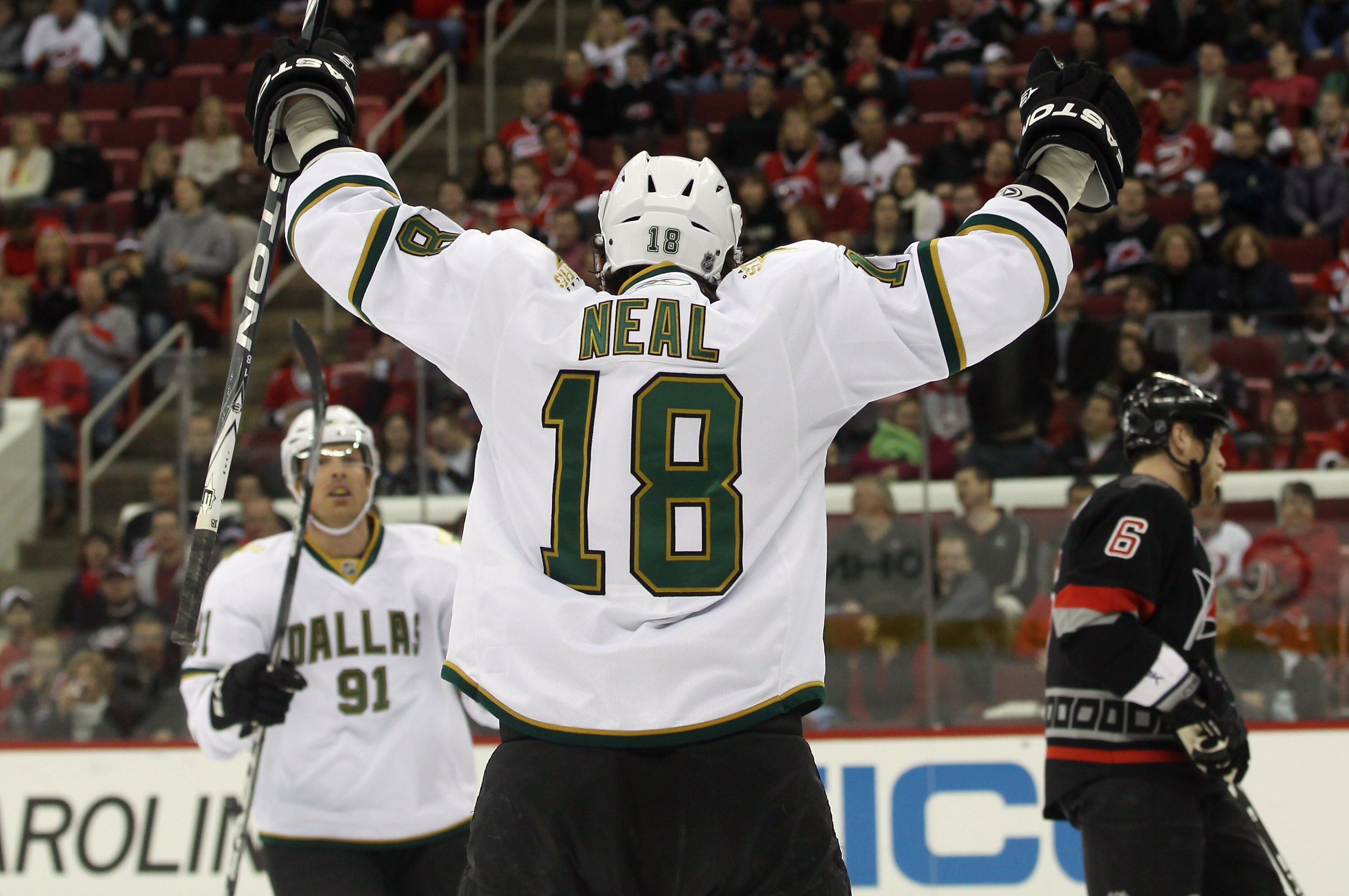 RALEIGH, NC - NOVEMBER 29: Brad Richards #91 and James Neal #18 of the Dallas Stars celebrate Neal's first period goal against the Carolina Hurricanes at the RBC Center on November 29, 2010 in Raleigh, North Carolina.  (Photo by Bruce Bennett/Getty Images