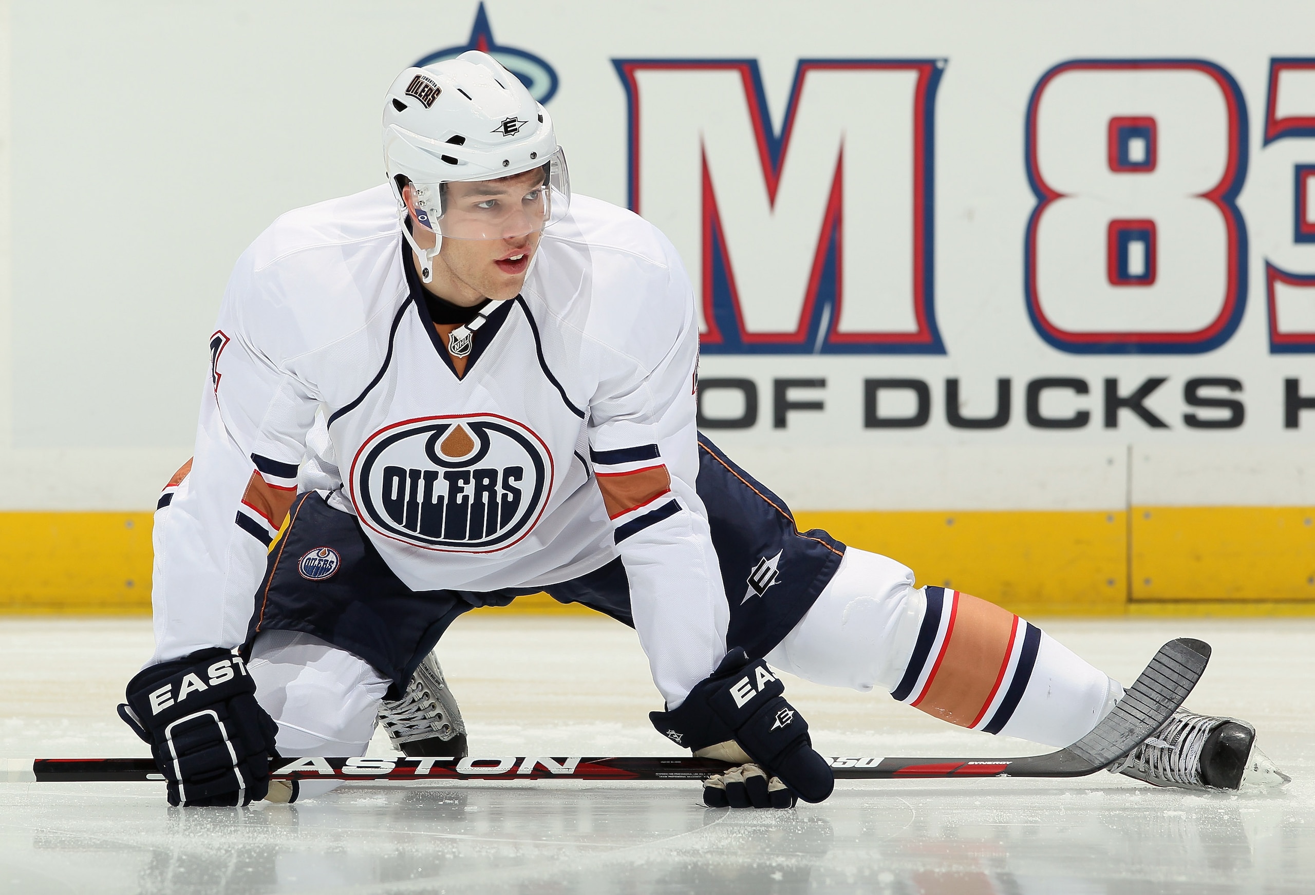 ANAHEIM, CA - NOVEMBER 21:  Taylor Hall #4 of the Edmonton Oilers stretches prior to the start of the game against the Anaheim Ducks at the Honda Center on November 21, 2010 in Anaheim, California.  (Photo by Jeff Gross/Getty Images)