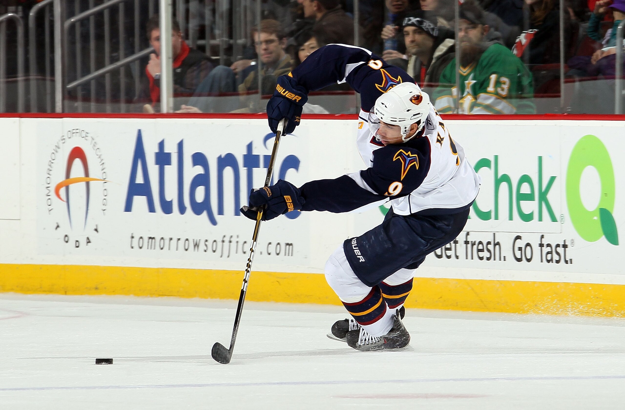 NEWARK, NJ - DECEMBER 31:  Evander Kane #9 of the Atlanta Thrashers skates against the New Jersey Devils at the Prudential Center on December 31, 2010 in Newark, New Jersey. The Devils defeated the Thrashers 3-1.  (Photo by Jim McIsaac/Getty Images)