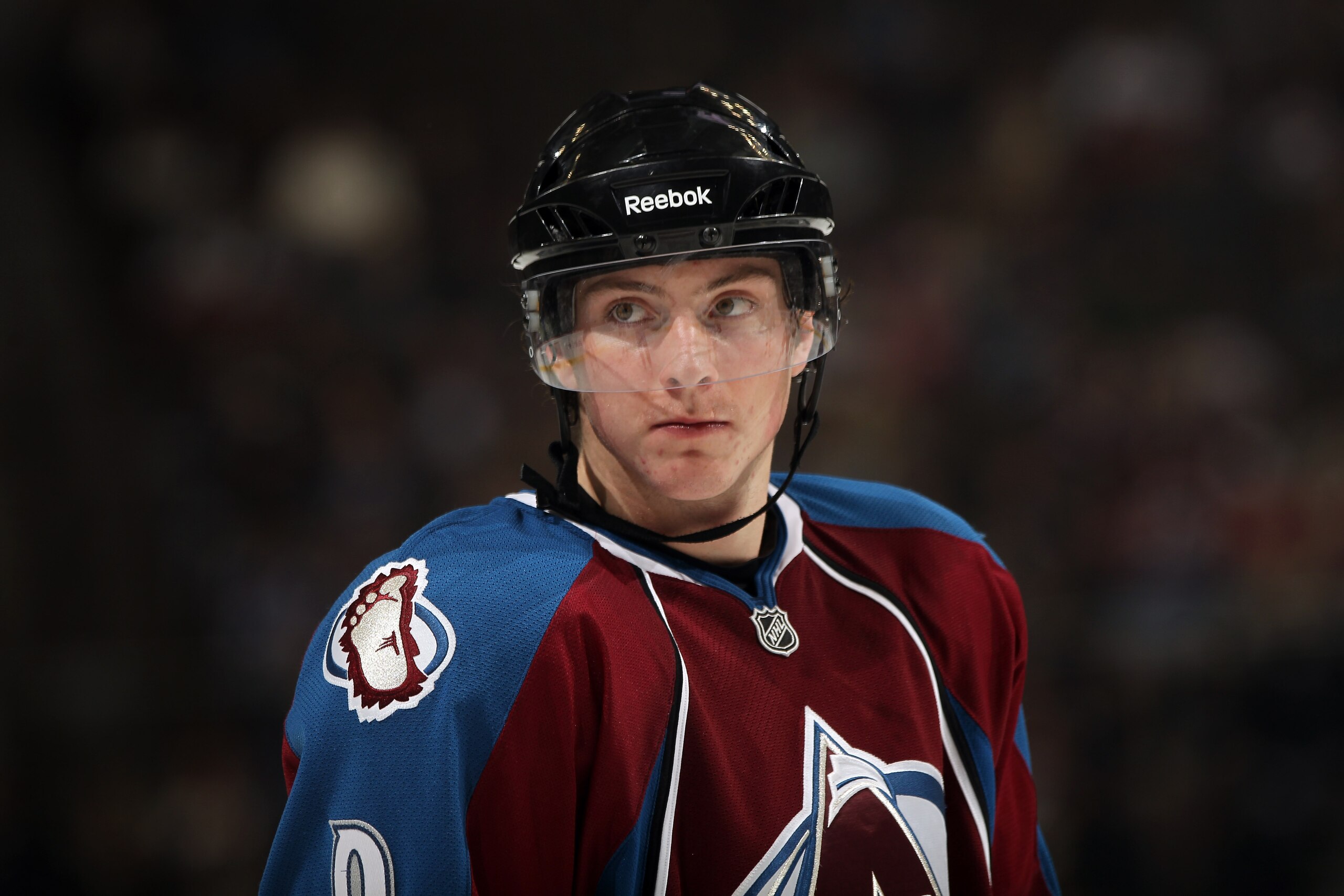 DENVER - NOVEMBER 09:  Matt Duchene #9 of the Colorado Avalanche looks on during a break in the action the Calgary Flames at the Pepsi Center on November 9, 2010 in Denver, Colorado. The Flames defeated the Avalanche 4-2.  (Photo by Doug Pensinger/Getty I