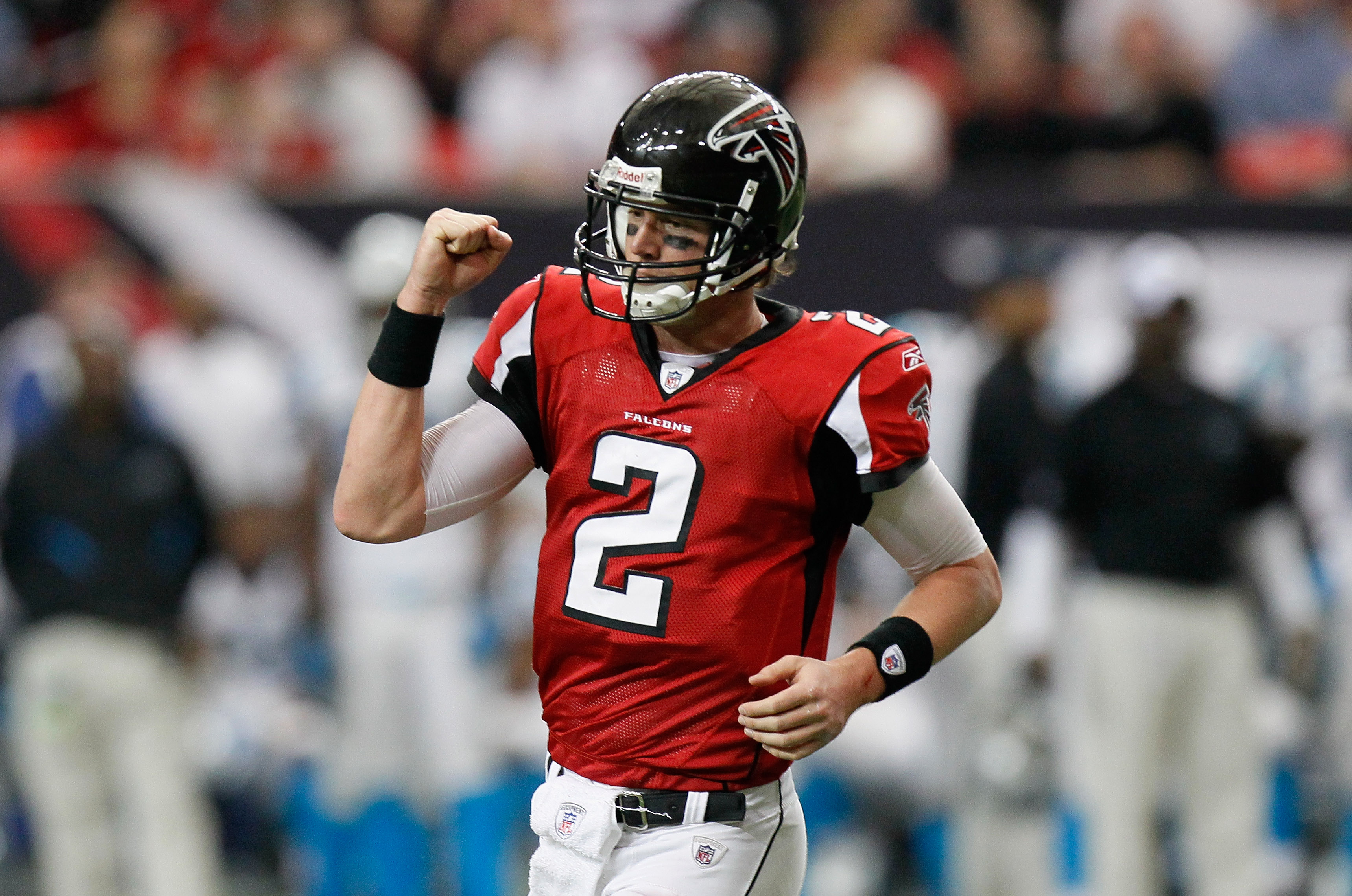 ATLANTA, GA - JANUARY 02:  Matt Ryan #2 of the Atlanta Falcons  reacts after a touchdown against the Carolina Panthers at Georgia Dome on January 2, 2011 in Atlanta, Georgia.  (Photo by Kevin C. Cox/Getty Images)