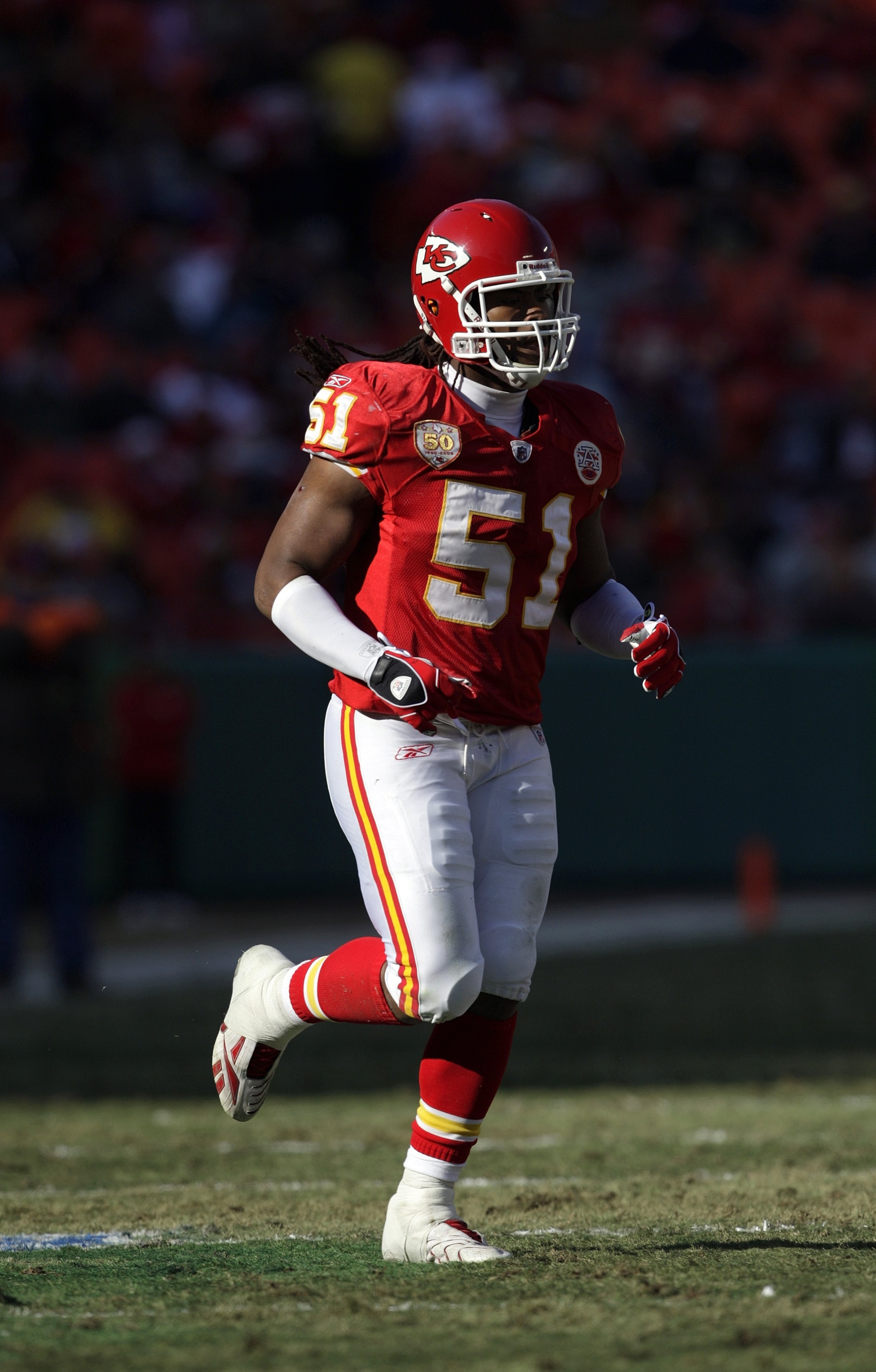 KANSAS CITY, MO - DECEMBER 20:  Corey Mays #51 of the Kansas City Chiefs runs onto the field during their NFL game against the Cleveland Browns on December 20, 2009 at Arrowhead Stadium in Kansas City, Missouri. The Browns defeated the Chiefs 41-34. (Phot