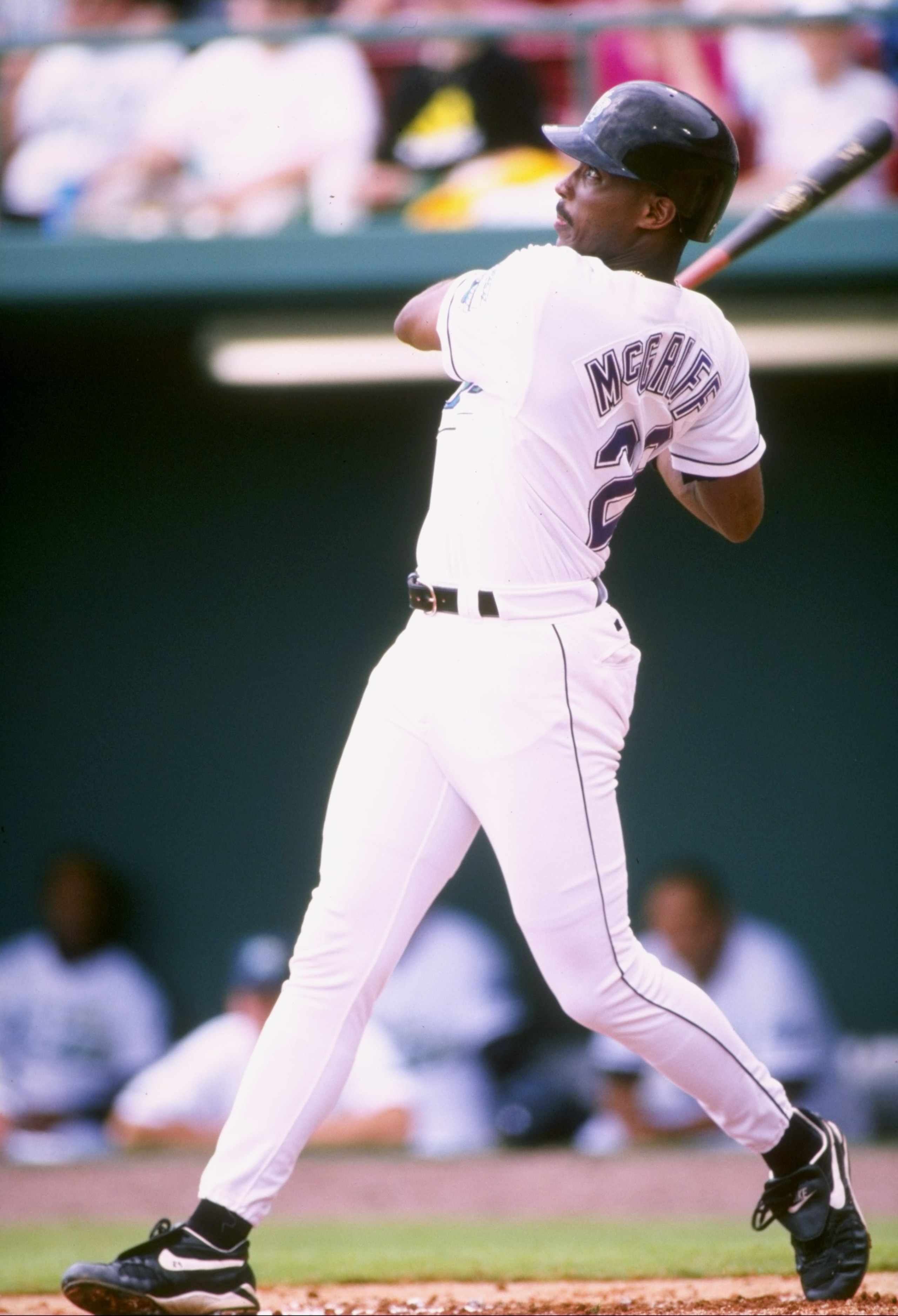 Fred McGriff #29 of the Tampa Bay Devil Rays in action during a spring training game against the Houston Astros at Ai Lang Stadium in St. Petersburg, Florida.