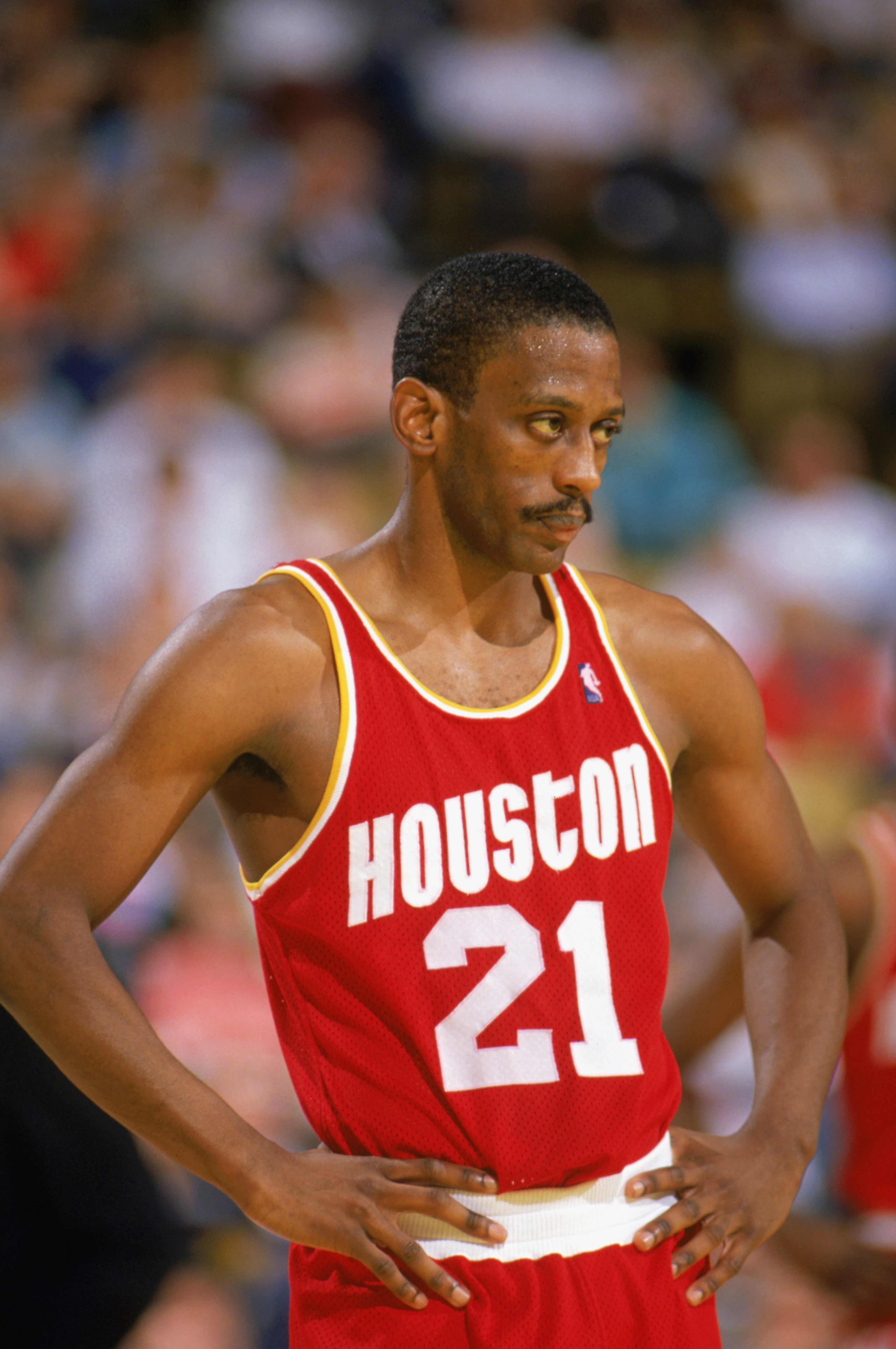 1989:  Eric Floyd #21 of the Houston Rockets looks on during a game in the1989-90 season. NOTE TO USER: User expressly acknowledges and agrees that, by downloading and/or using this Photograph, User is consenting to the terms and conditions of the Getty I
