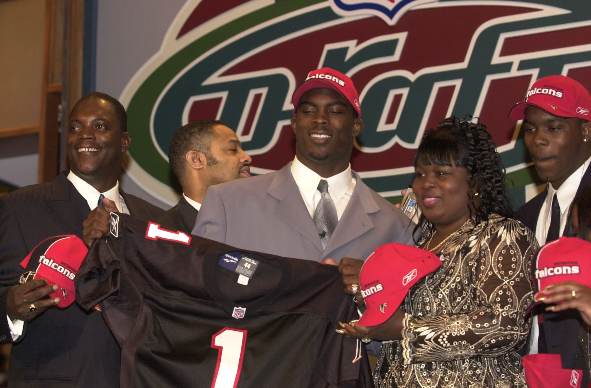 21 Apr 2001:  Michael Vick poses with with his family after Vick was selected first in the NFL Draft by the Atlanta Falcons at Madison Square Garden in New York City. Mandatory Credit: Ezra Shaw/ALLSPORT