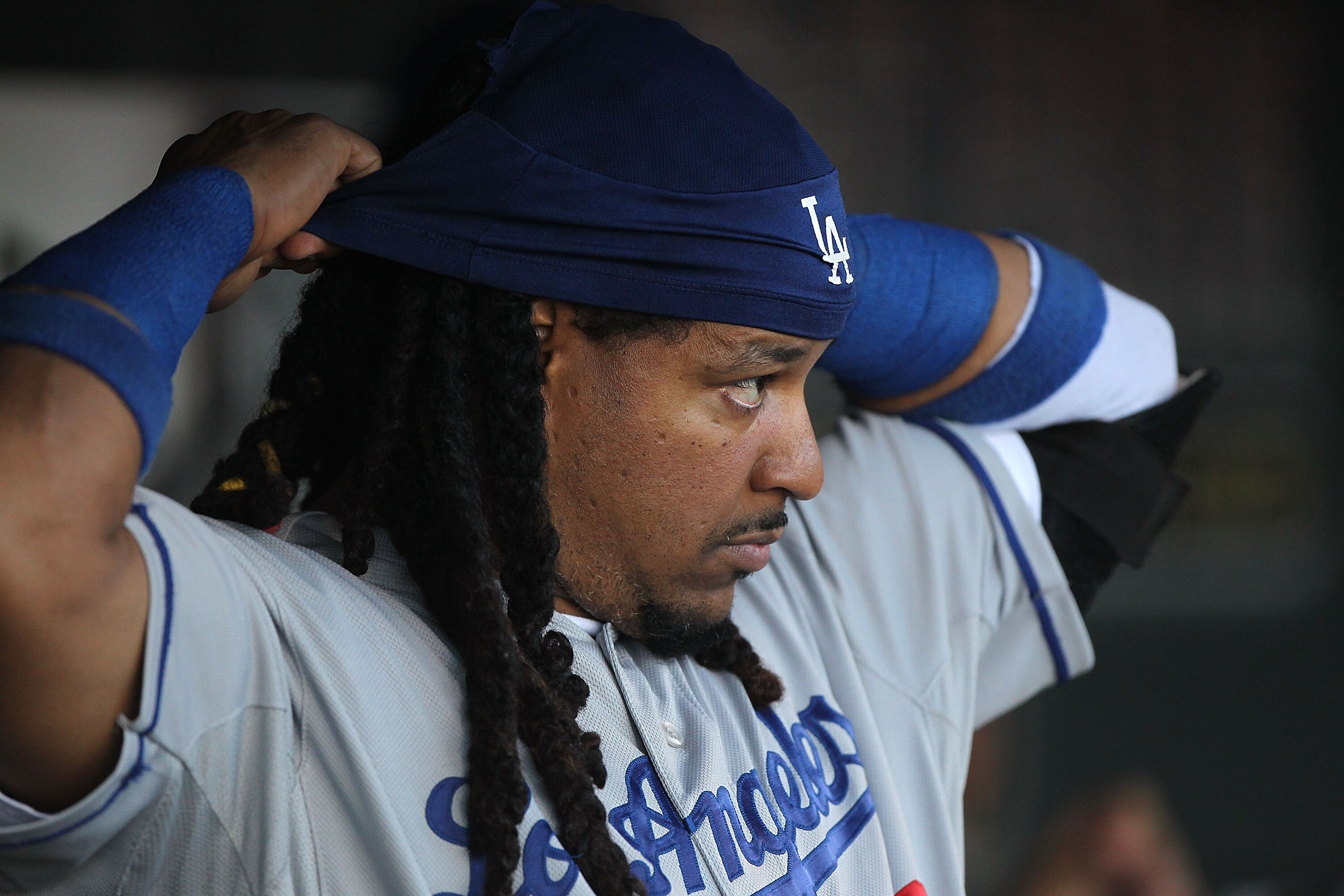SAN FRANCISCO - JUNE 28:  Manny Ramirez #99  of the Los Angeles Dodgers looks on against the San Francisco Giants during an MLB game at AT&T Park on June 28, 2010 in San Francisco, California.  (Photo by Jed Jacobsohn/Getty Images)
