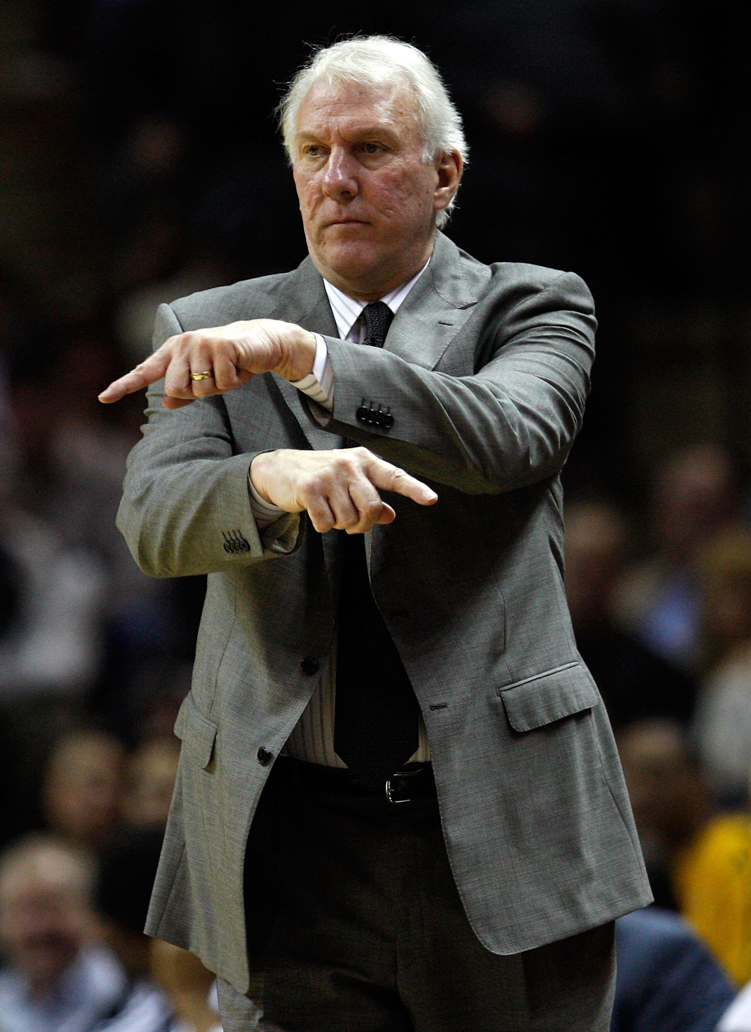 SAN ANTONIO - JANUARY 12: Head coach Gregg Popovich of the San Antonio Spurs on January 12, 2010 at AT&T Center in San Antonio, Texas. NOTE TO USER: User expressly acknowledges and agrees that, by downloading and/or using this Photograph, user is consen SAN ANTONIO - JANUARY 12: Head coach Gregg Popovich of the San Antonio Spurs on January 12, 2010 at AT&T Center in San Antonio, Texas. NOTE TO USER: User expressly acknowledges and agrees that, by downloading and/or using this Photograph, user is consen