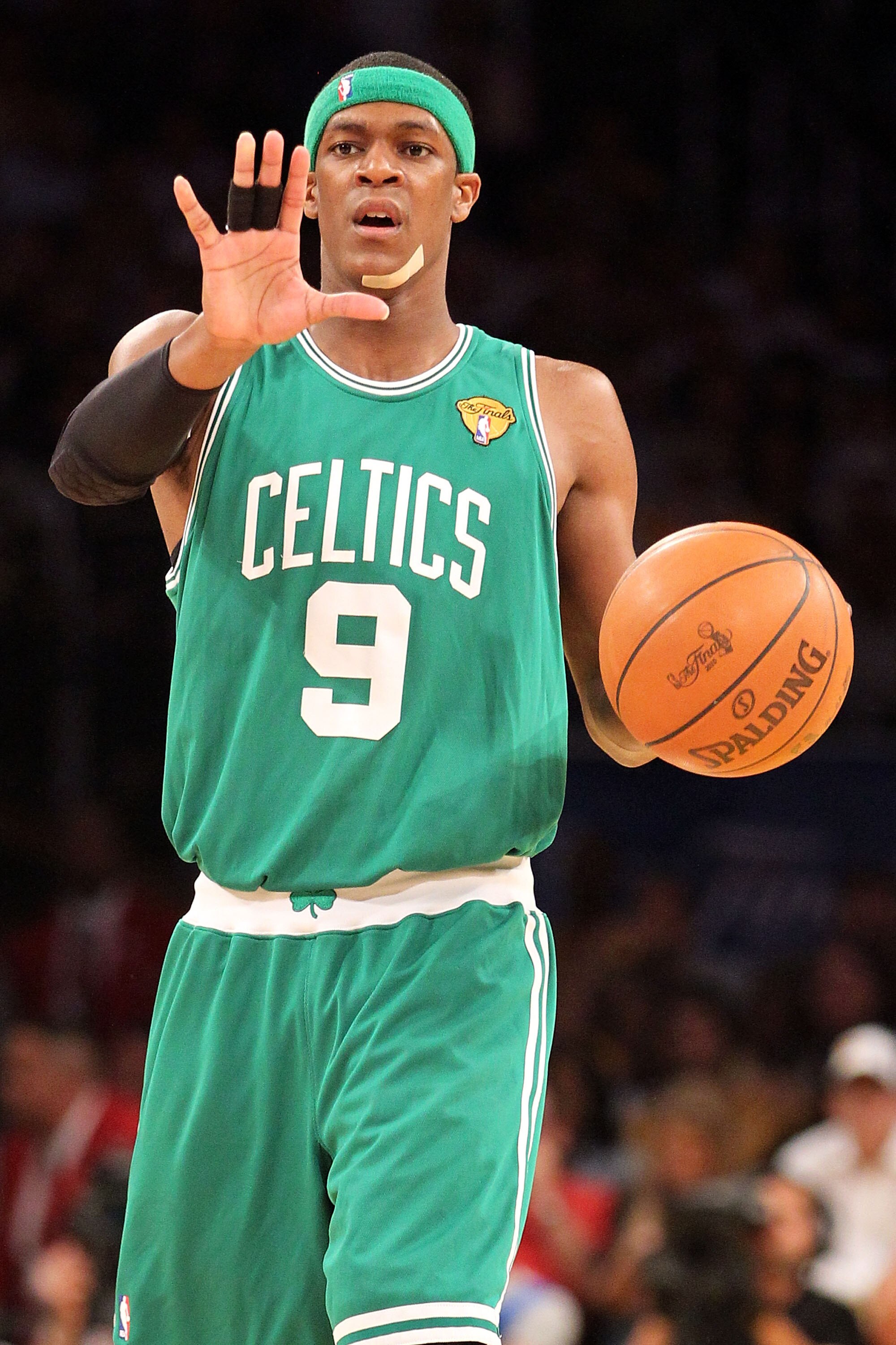 LOS ANGELES, CA - JUNE 17:  Rajon Rondo #9 of the Boston Celtics calls a play in the third quarter against the Los Angeles Lakers in Game Seven of the 2010 NBA Finals at Staples Center on June 17, 2010 in Los Angeles, California.  NOTE TO USER: User expre