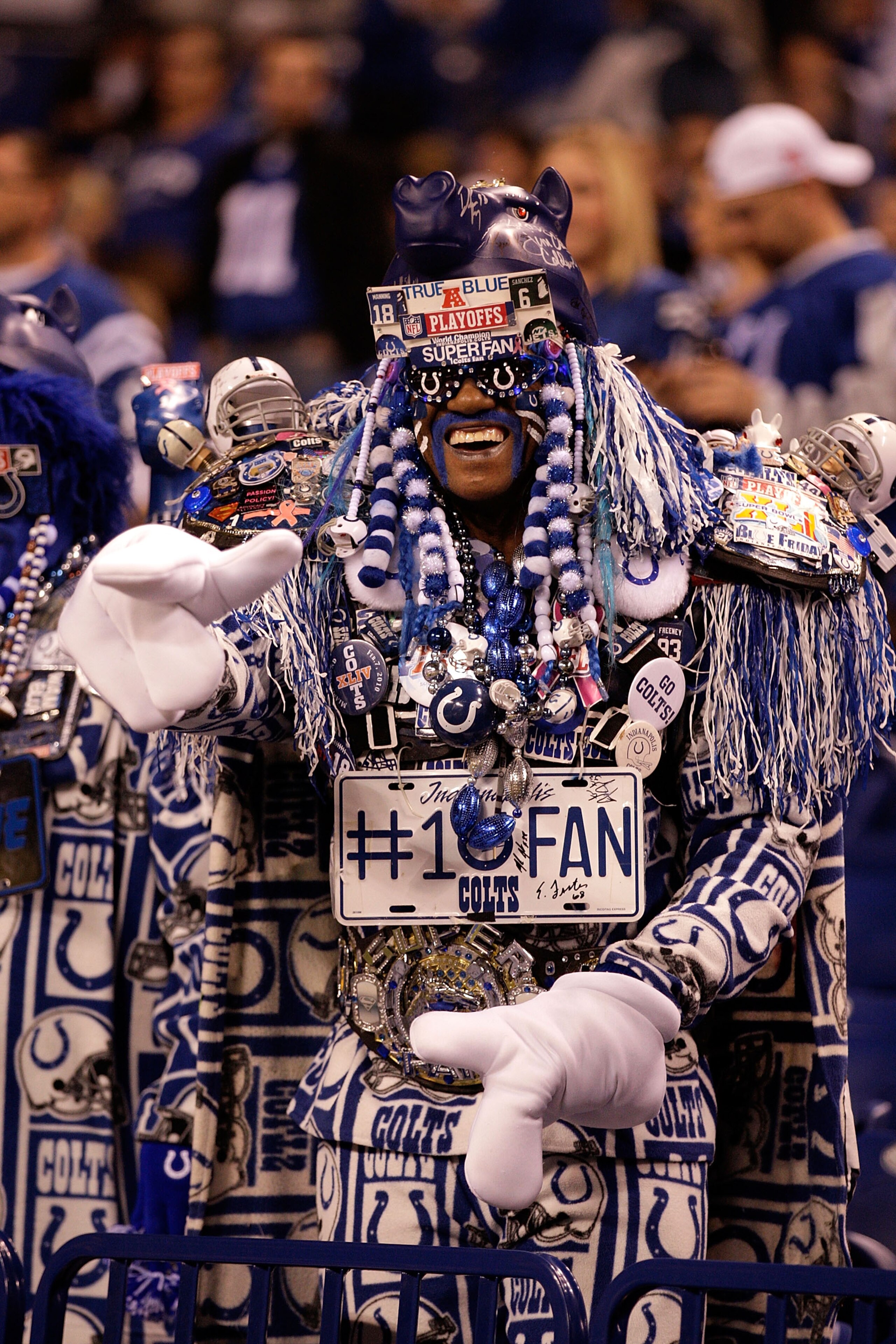 INDIANAPOLIS, IN - JANUARY 08: A fan of the Indianapolis Colts supports his team against the New York Jets during their 2011 AFC wild card playoff game at Lucas Oil Stadium on January 8, 2011 in Indianapolis, Indiana. (Photo by Andy Lyons/Getty Images) INDIANAPOLIS, IN - JANUARY 08: A fan of the Indianapolis Colts supports his team against the New York Jets during their 2011 AFC wild card playoff game at Lucas Oil Stadium on January 8, 2011 in Indianapolis, Indiana. (Photo by Andy Lyons/Getty Images)