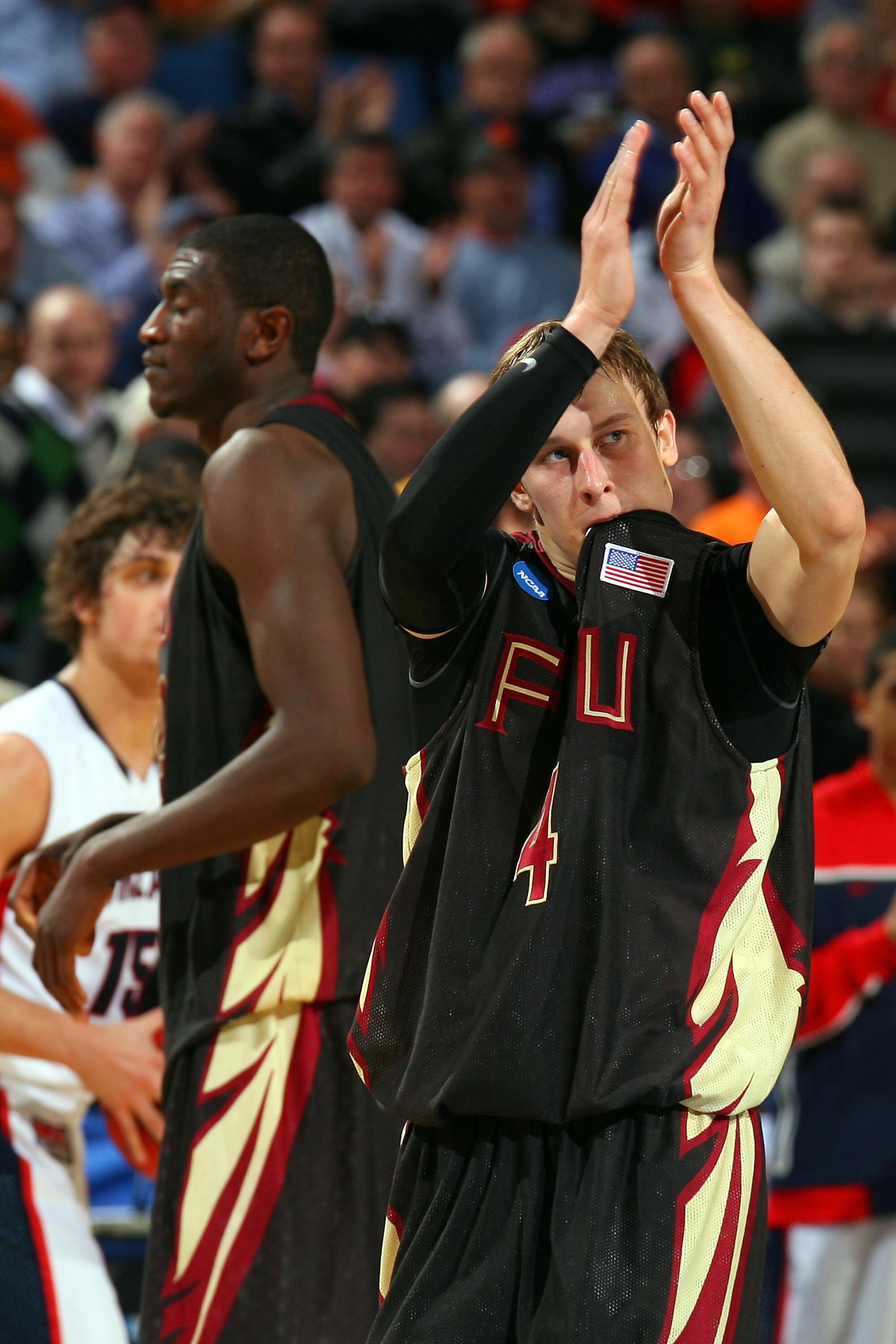 BUFFALO, NY - MARCH 19:  Deividas Dulkys #4 of the Florida State Seminoles acknowledges the crowd during the first round of the 2010 NCAA men's basketball tournament at HSBC Arena on March 19, 2010 in Buffalo, New York.  (Photo by Rick Stewart/Getty Image