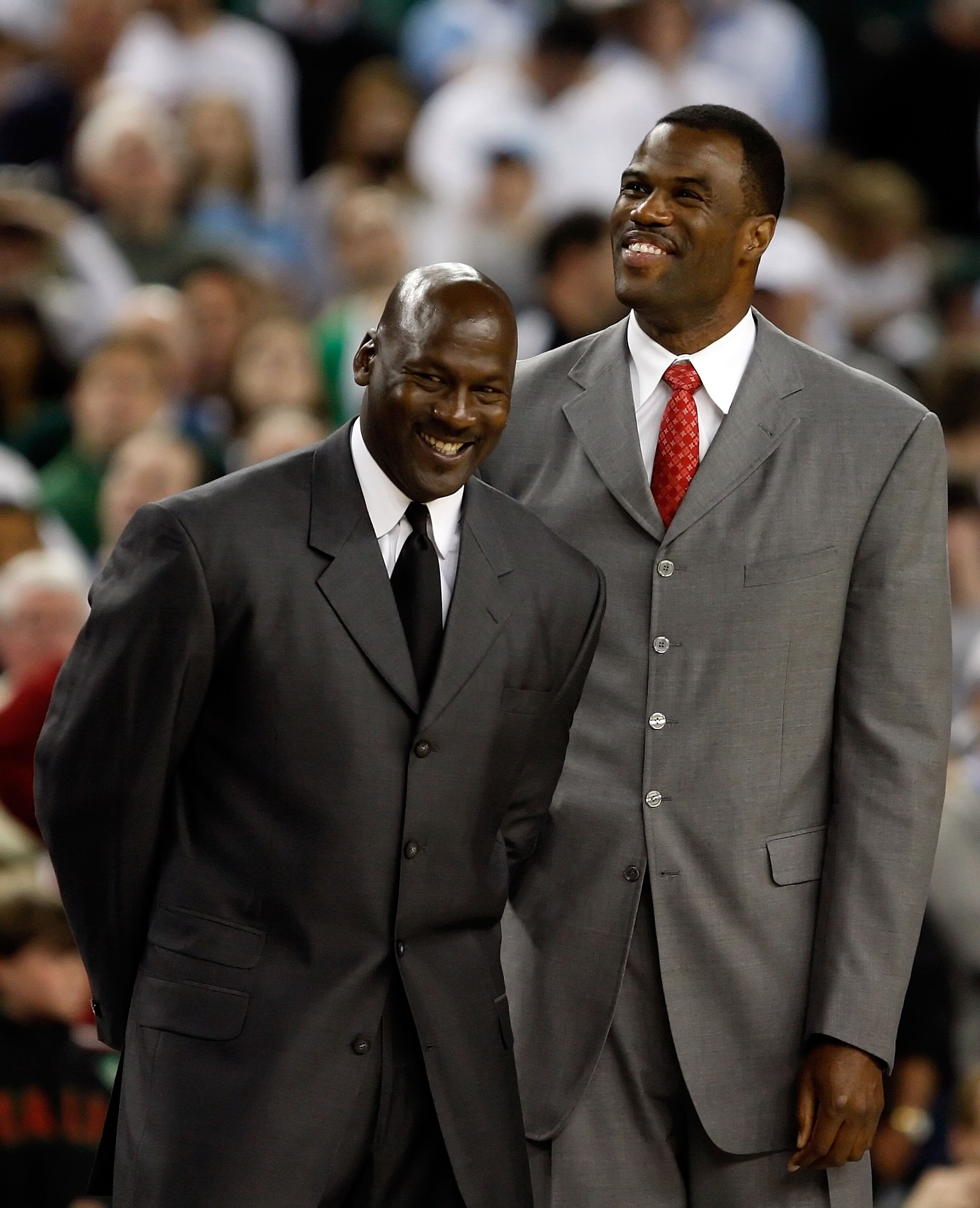 DETROIT - APRIL 06:  (L-R) Michael Jordan and David Robinson are announced as members of the 2009 Hall-of-Fame class at halftime of the Michigan State Spartans and the North Carolina Tar Heels during the 2009 NCAA Division I Men's Basketball National Cham