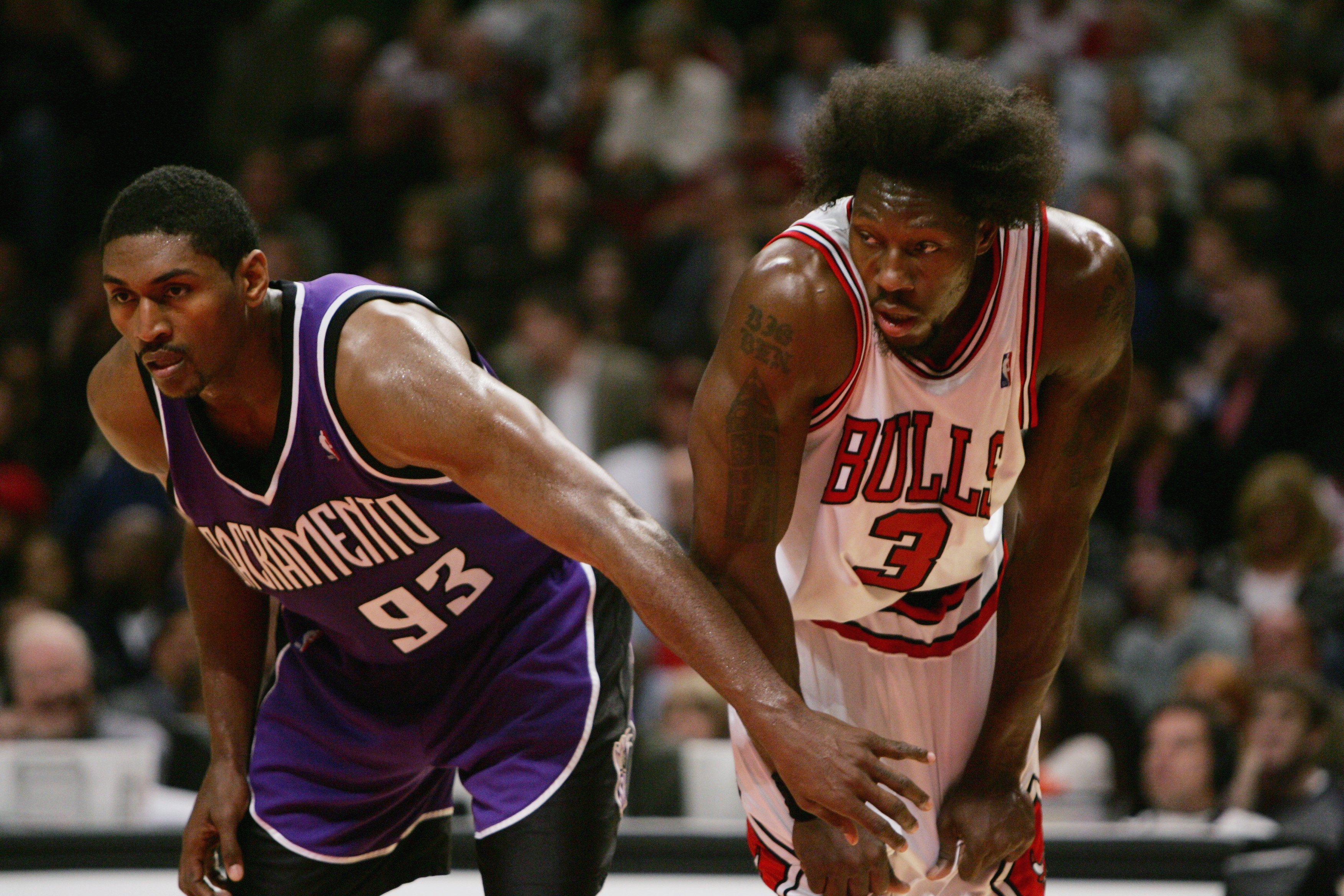 CHICAGO - NOVEMBER 3:  Ron Artest #93 of the Sacramento Kings matches up against Ben Wallace #3 of the Chicago Bulls during a game at the United Center on November 3, 2006 in Chicago, Illinois.  The Kings defeated the Bulls 89-88.  NOTE TO USER: User expr
