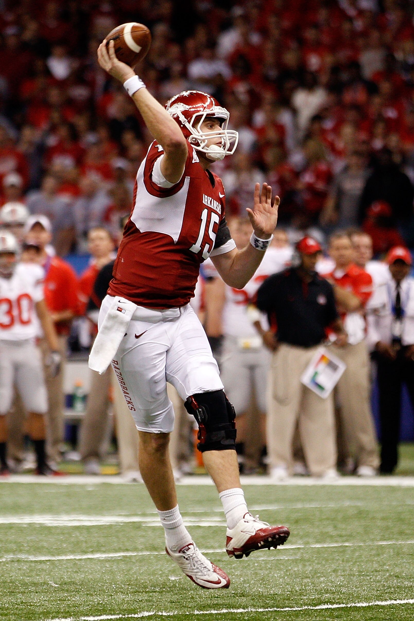 NEW ORLEANS, LA - JANUARY 04:  Ryan Mallett #15 of the Arkansas Razorbacks looks to pass against the Ohio State Buckeyes during the Allstate Sugar Bowl at the Louisiana Superdome on January 4, 2011 in New Orleans, Louisiana.  (Photo by Chris Graythen/Gett