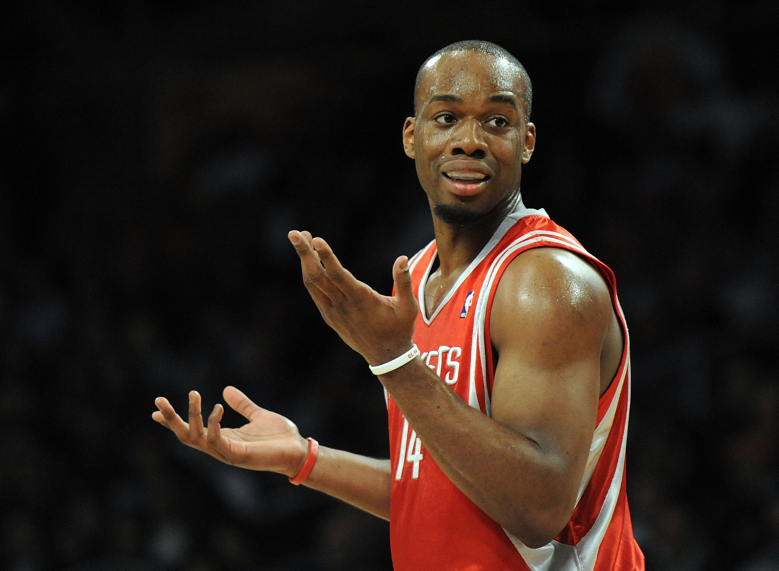 LOS ANGELES, CA - JANUARY 05:  Carl Landry #14 of the Houston Rockets complains about a foul against the Los Angeles Lakers during the first half at Staples Center on January 5, 2010 in Los Angeles, California.  NOTE TO USER: User expressly acknowledges a