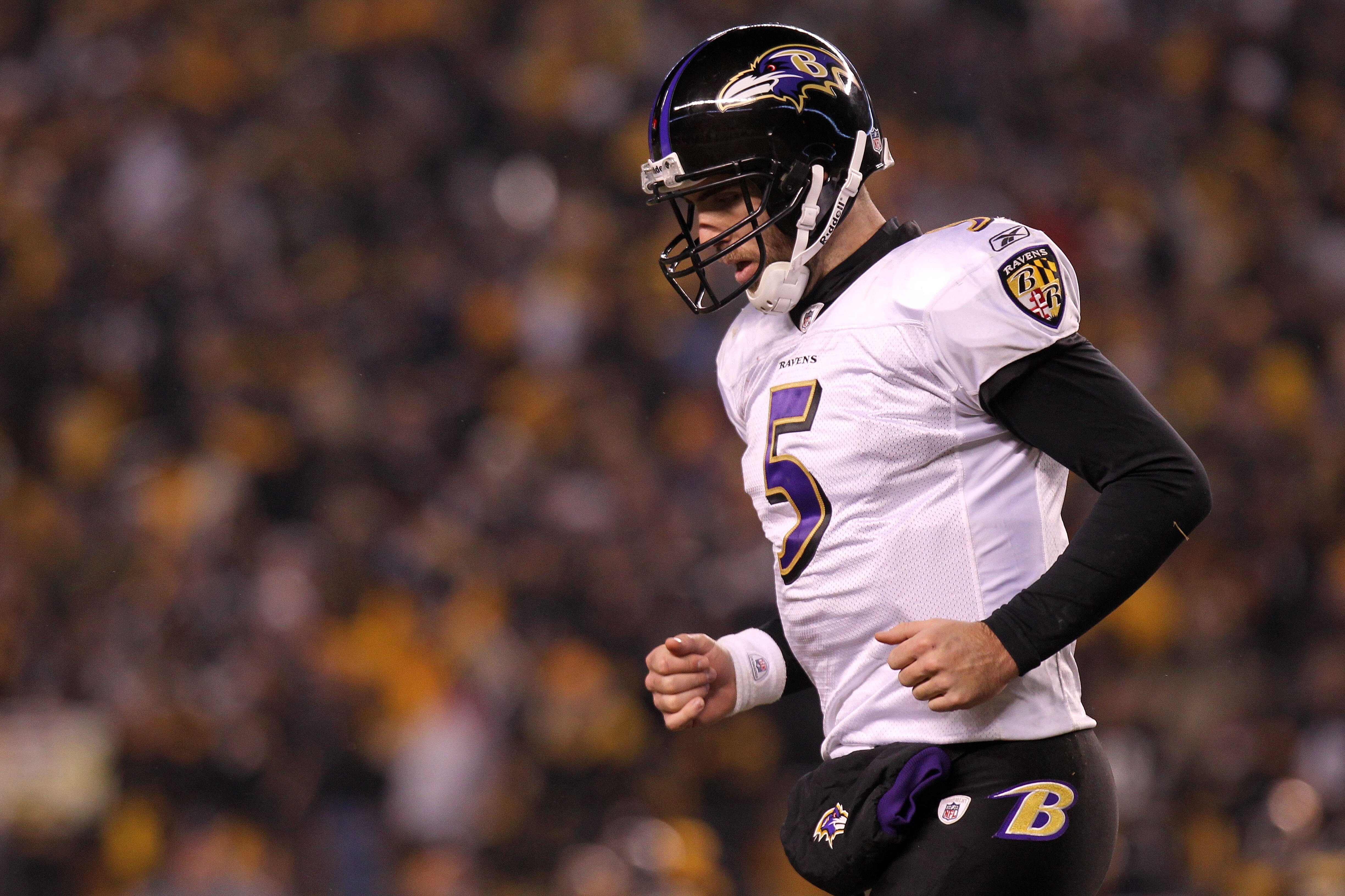 PITTSBURGH, PA - JANUARY 15:  Quarterback Joe Flacco #5 of the Baltimore Ravens jogs off the field against the Pittsburgh Steelers in the AFC Divisional Playoff Game at Heinz Field on January 15, 2011 in Pittsburgh, Pennsylvania.  (Photo by Nick Laham/Get