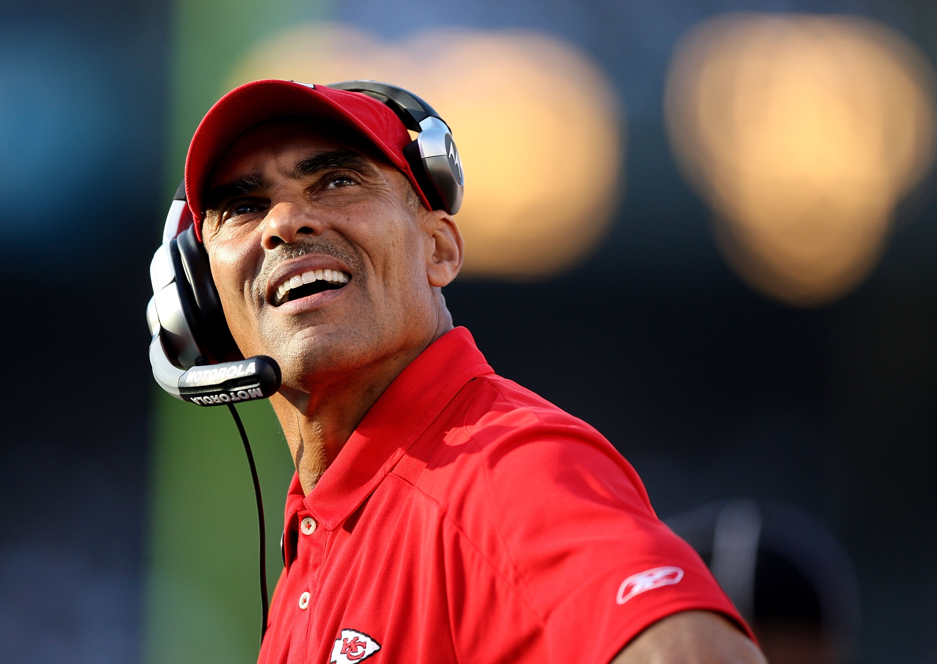 OAKLAND, CA - NOVEMBER 30: Head coach Herm Edwards of the Kansas City Chiefs looks on against the Oakland Raiders during an NFL game on November 30, 2008 at the Oakland-Alameda County Coliseum in Oakland, California.  (Photo by Jed Jacobsohn/Getty Images)