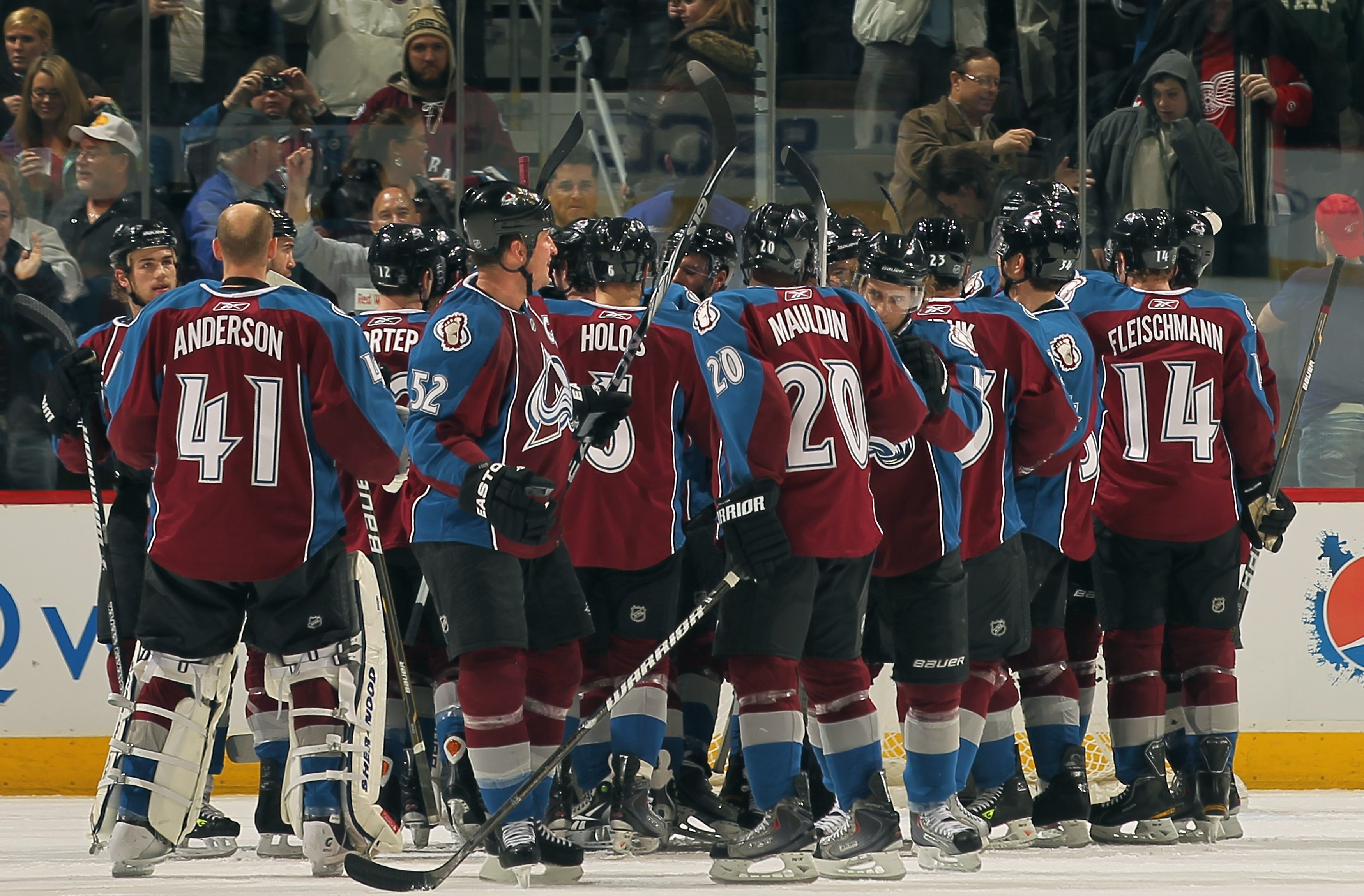 DENVER, CO - JANUARY 10:  The Colorado Avalanche celebrate their victory over the Detroit Red Wings at the Pepsi Center on January 10, 2011 in Denver, Colorado. The Avalanche defeated the Red Wings 5-4.  (Photo by Doug Pensinger/Getty Images)