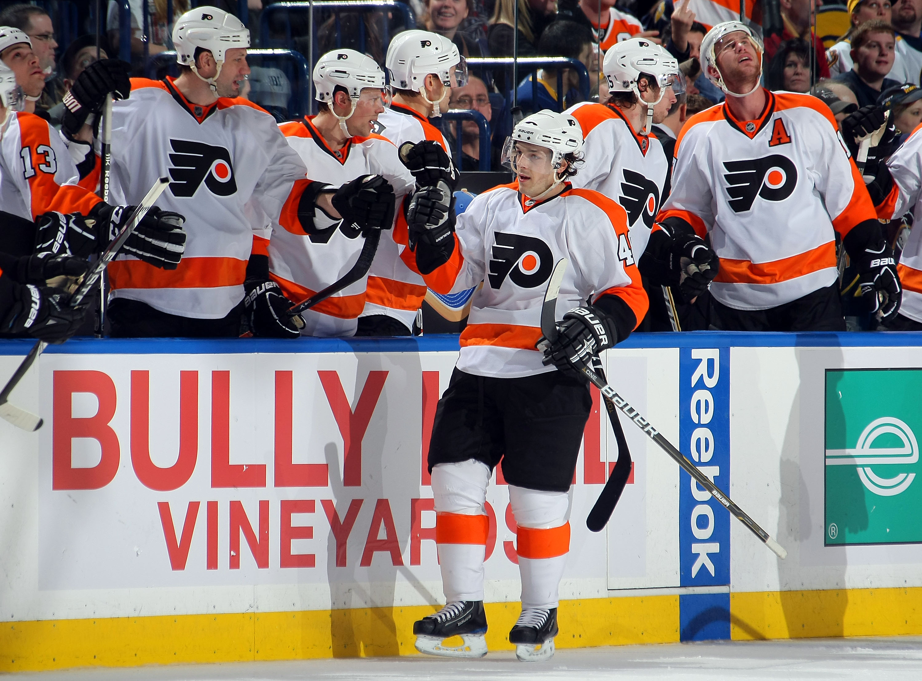 BUFFALO NY - JANUARY 11:  Daniel Briere #48 of the Philadelphia Flyers celebrates his goal scored against his former team the Buffalo Sabres during their NHL game at HSBC Arena January 11, 2011 in Buffalo, New York. (Photo By Dave Sandford/Getty Images)